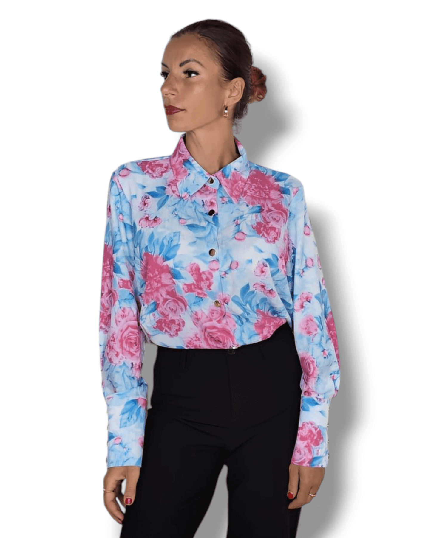 Light Blue Blouse with Pink Roses blouse Suranska Shop