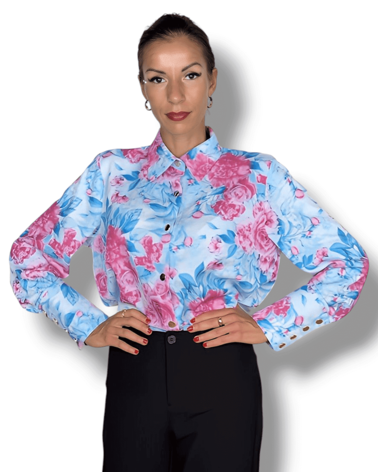 Light Blue Blouse with Pink Roses blouse Suranska Shop