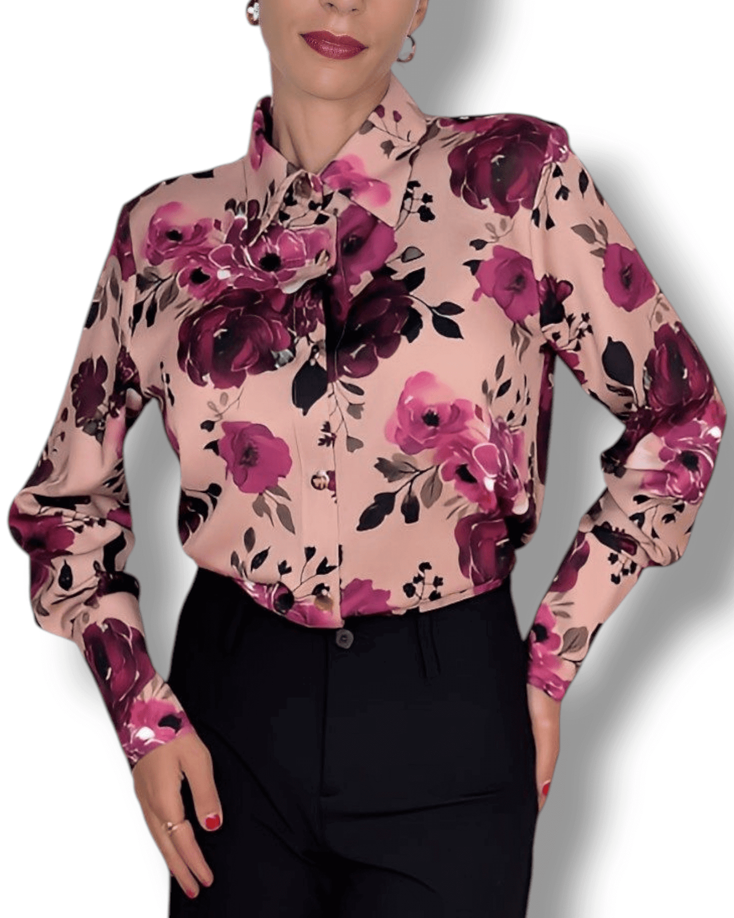 Rosa-lachsfarbene Bluse mit Blumenmuster und goldenen Knöpfen – Genf, Schweiz – Suranska Shop