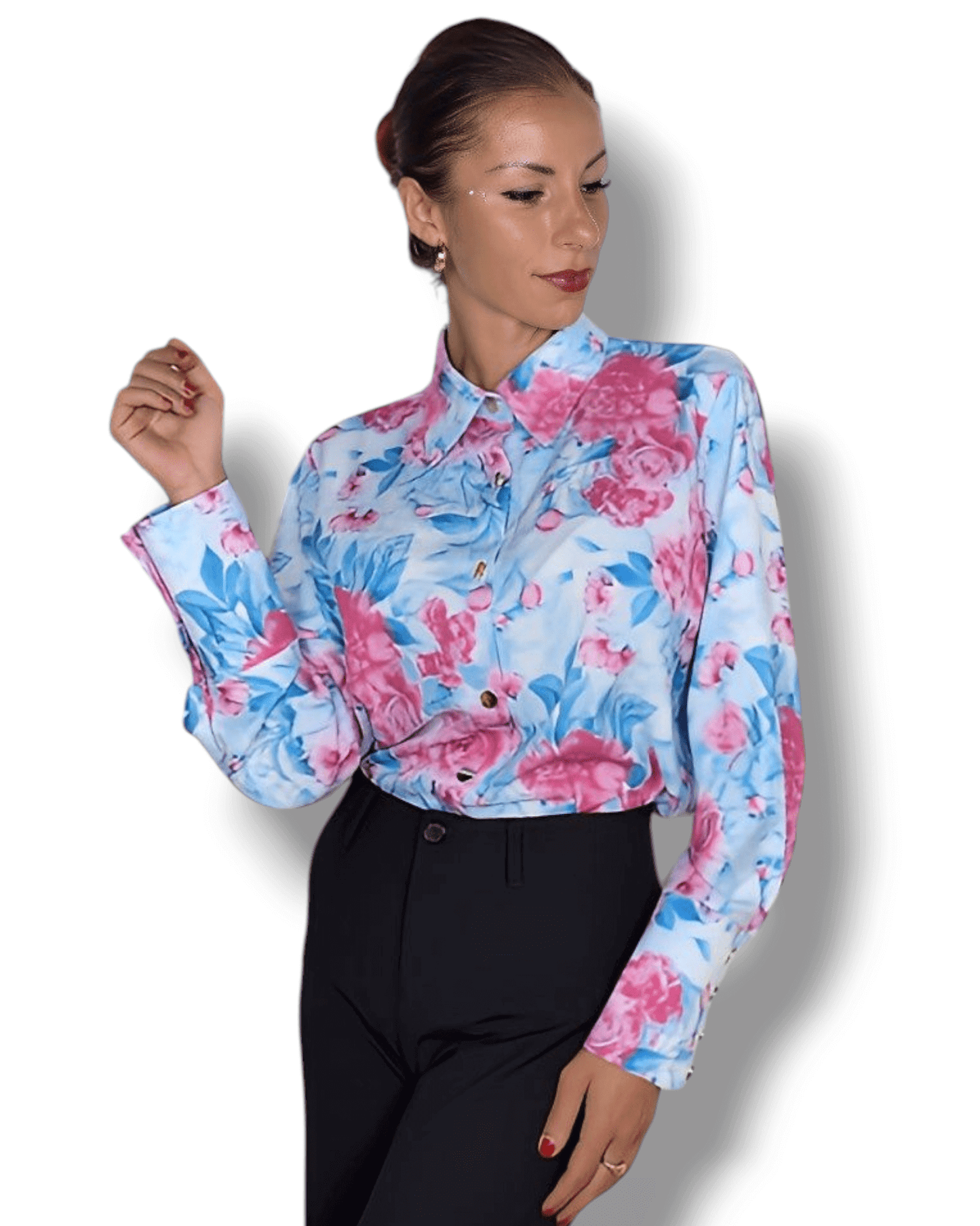 Light Blue Blouse with Pink Roses blouse Suranska Shop