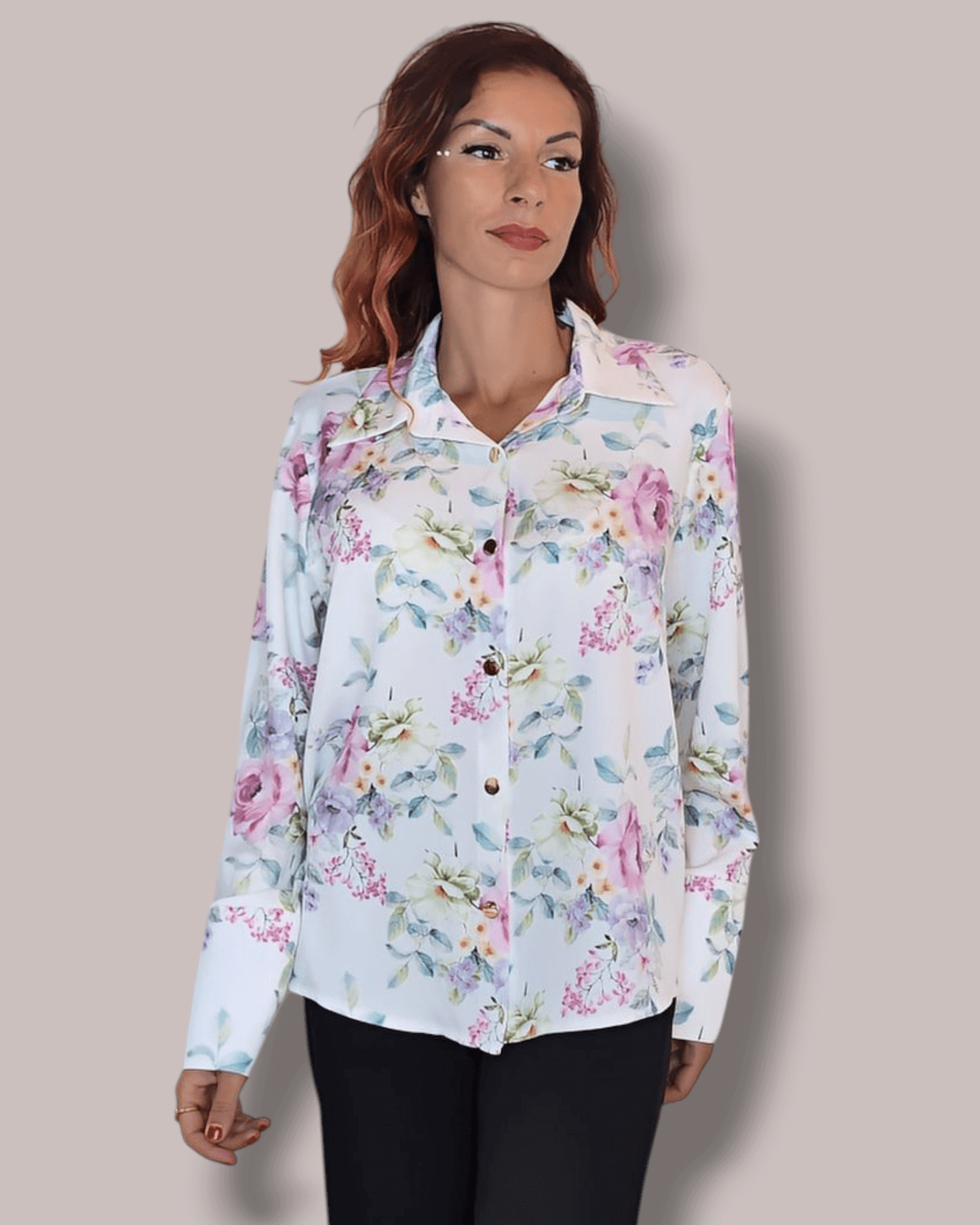 White Blouse with Pink and Green Floral Print blouse Suranska Shop