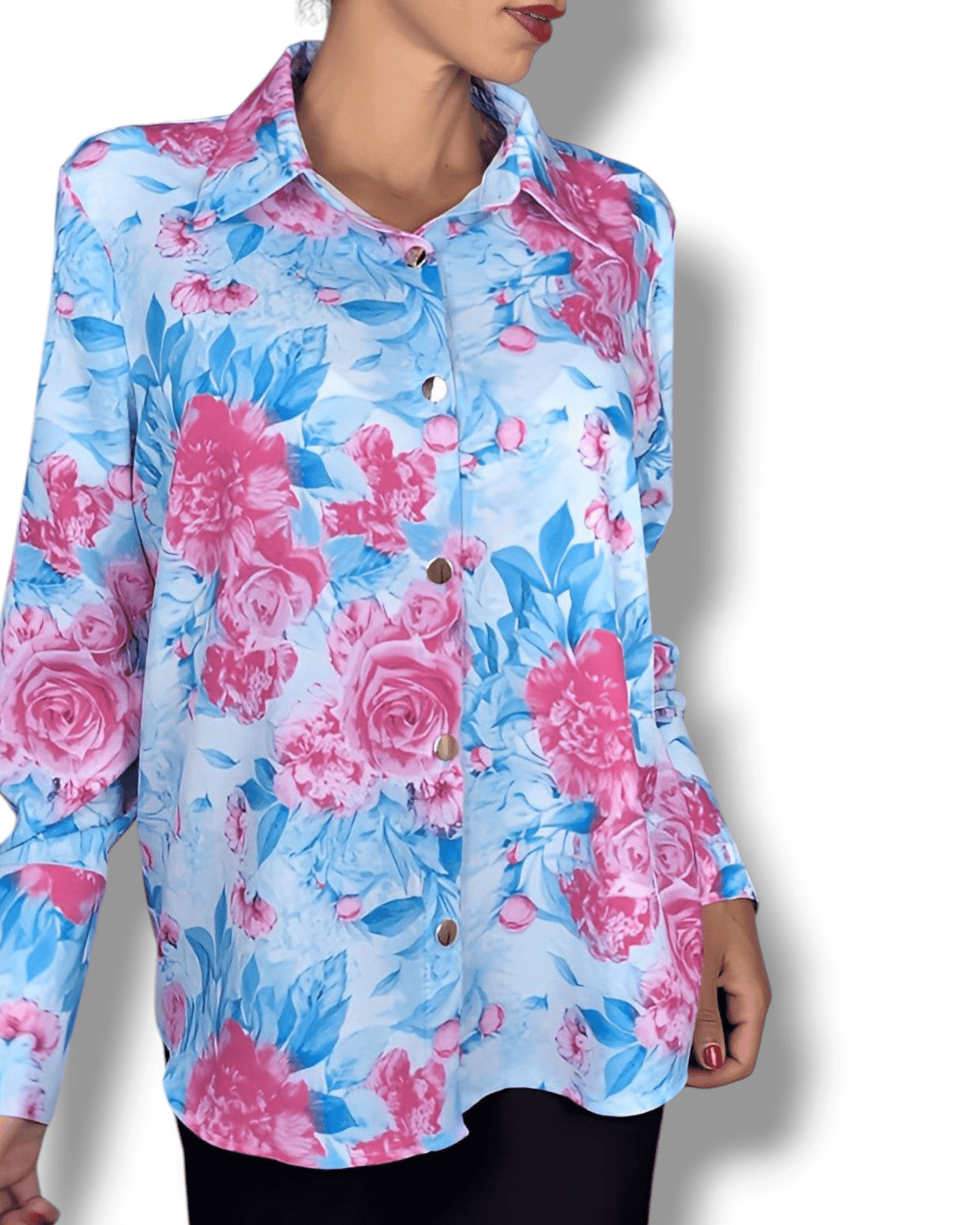 Light Blue Blouse with Pink Roses blouse Suranska Shop
