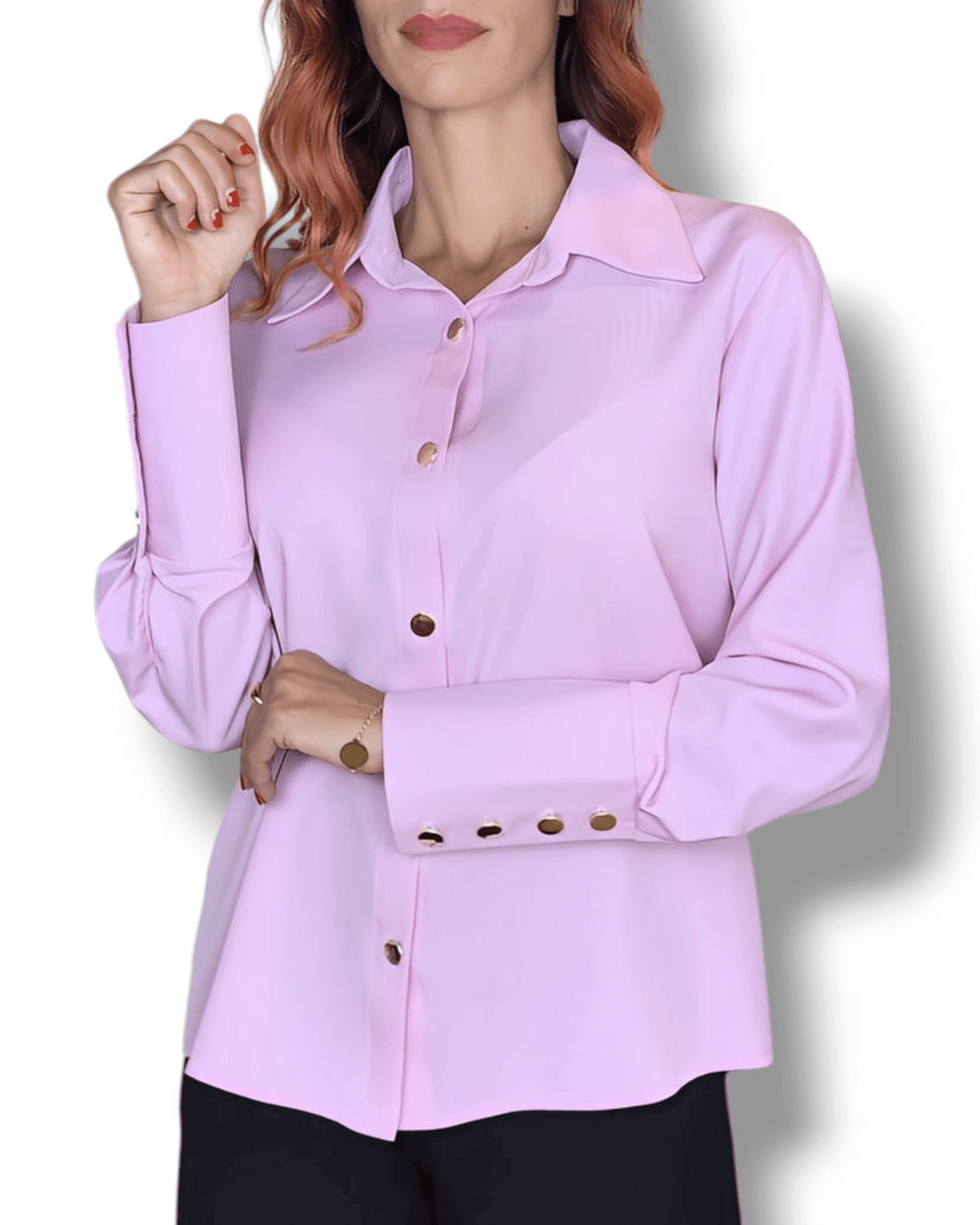 Soft Pink Blouse Suranska Shop gengf schweiz Hellrosa Bluse mit goldenen Knöpfen und klassischem Hemdkragen