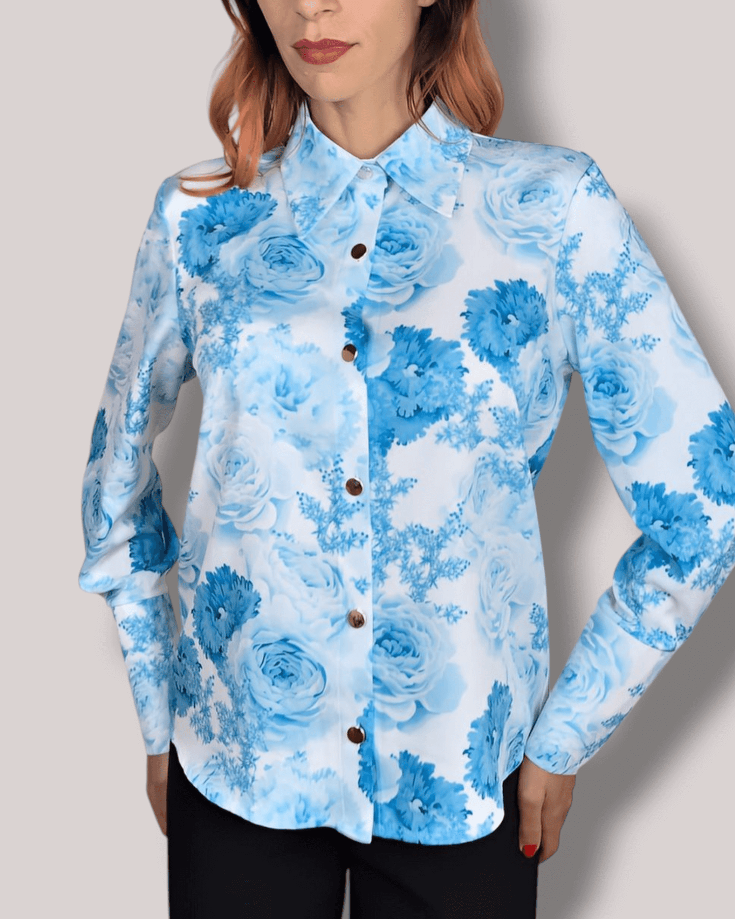 White Blouse with Light Blue Floral Print blouse Suranska Shop