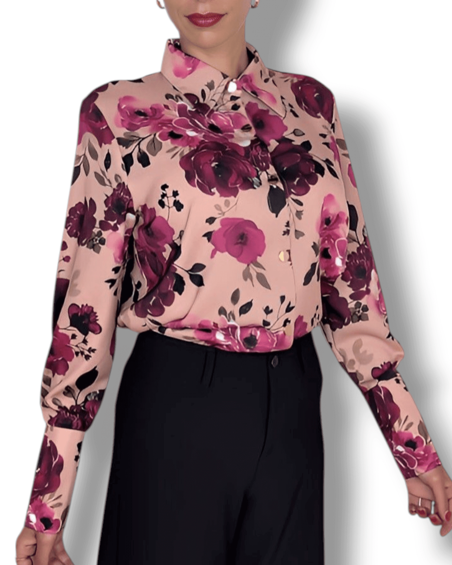 Rosa-lachsfarbene Bluse mit Blumenmuster und goldenen Knöpfen – Genf, Schweiz – Suranska Shop