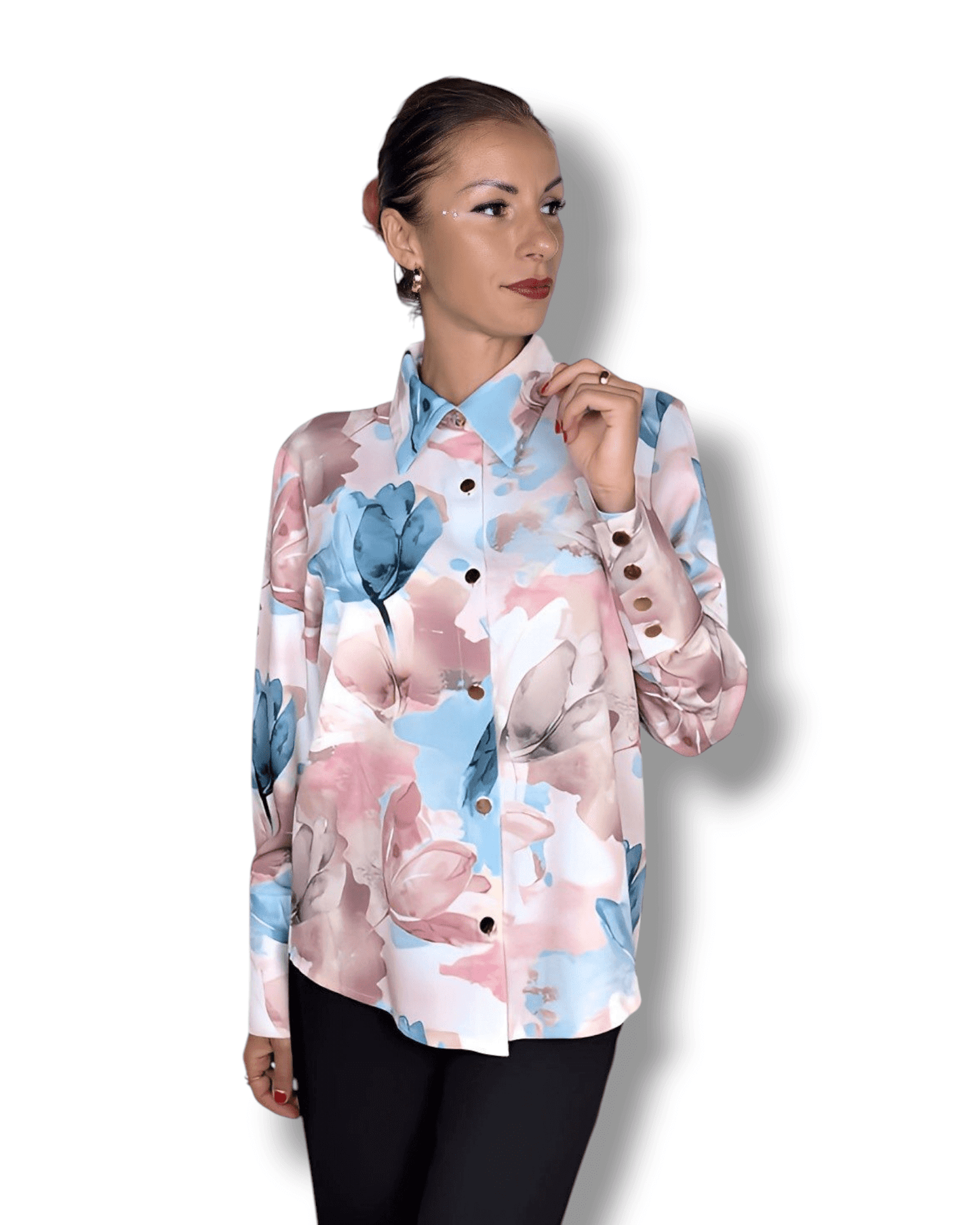 Watercolor Floral Blouse in Beige, Blue & Pink blouse Suranska Shop