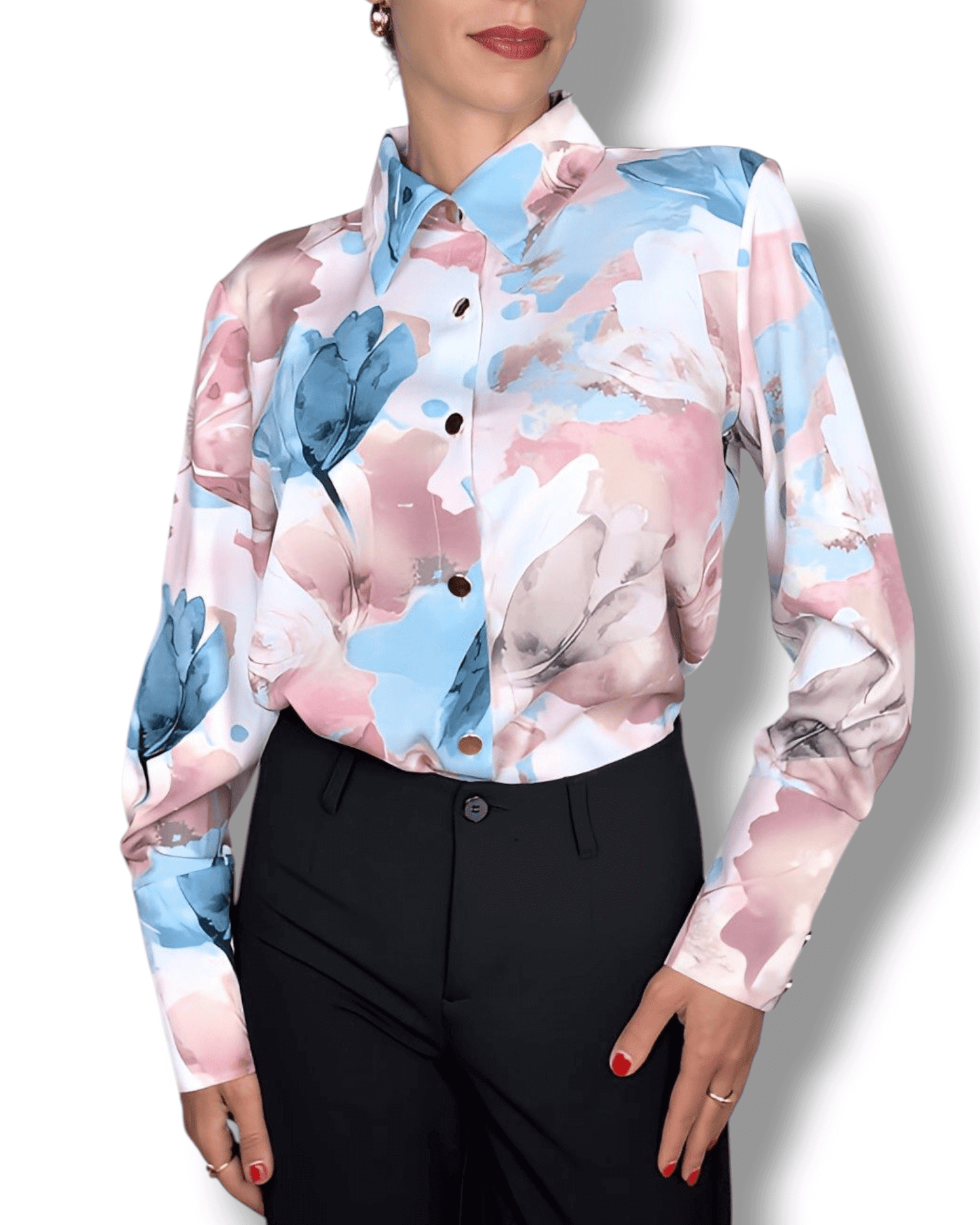 Watercolor Floral Blouse in Beige, Blue & Pink blouse Suranska Shop