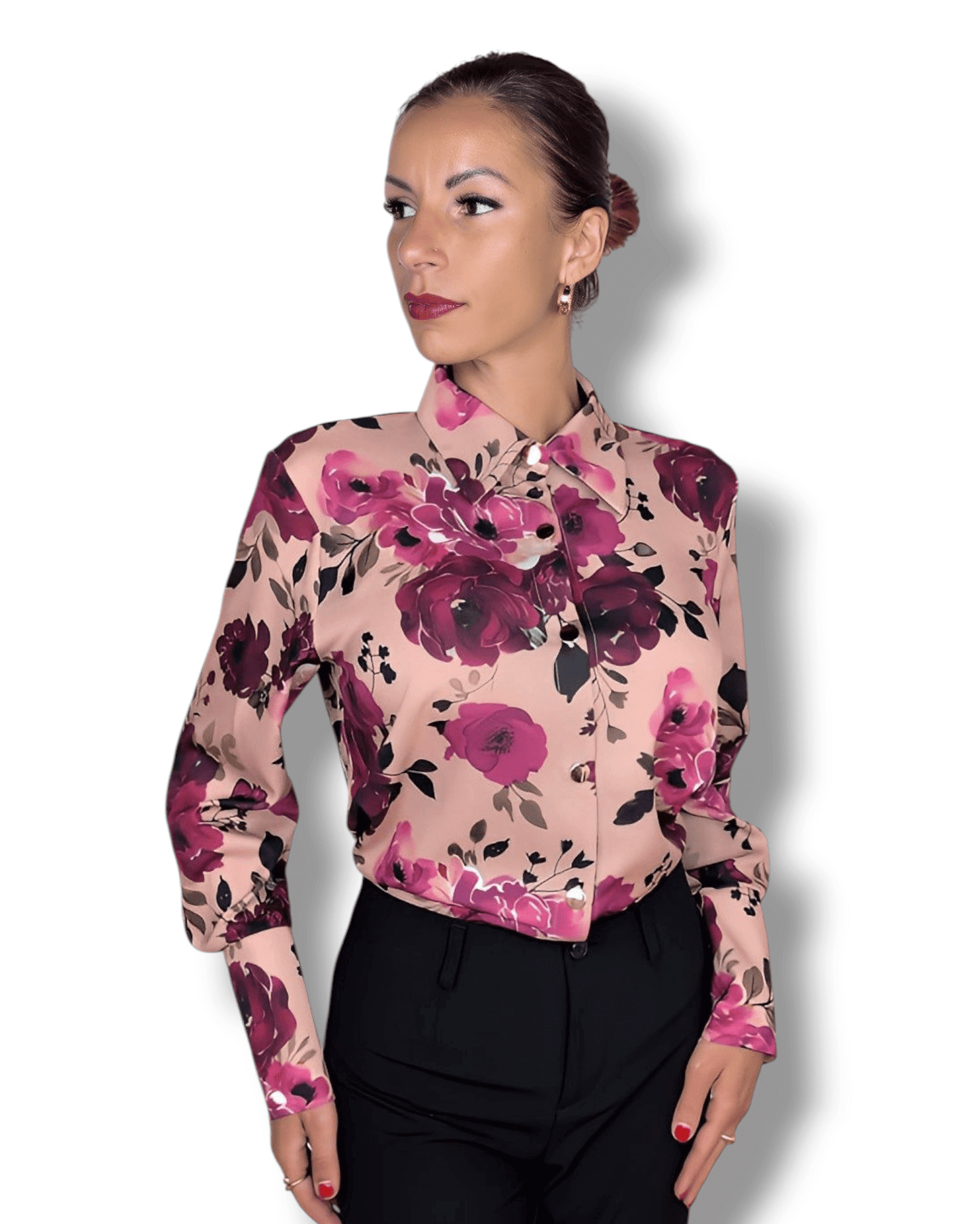 Pink-salmon floral blouse with gold buttons – Geneva, Switzerland – Suranska Shop