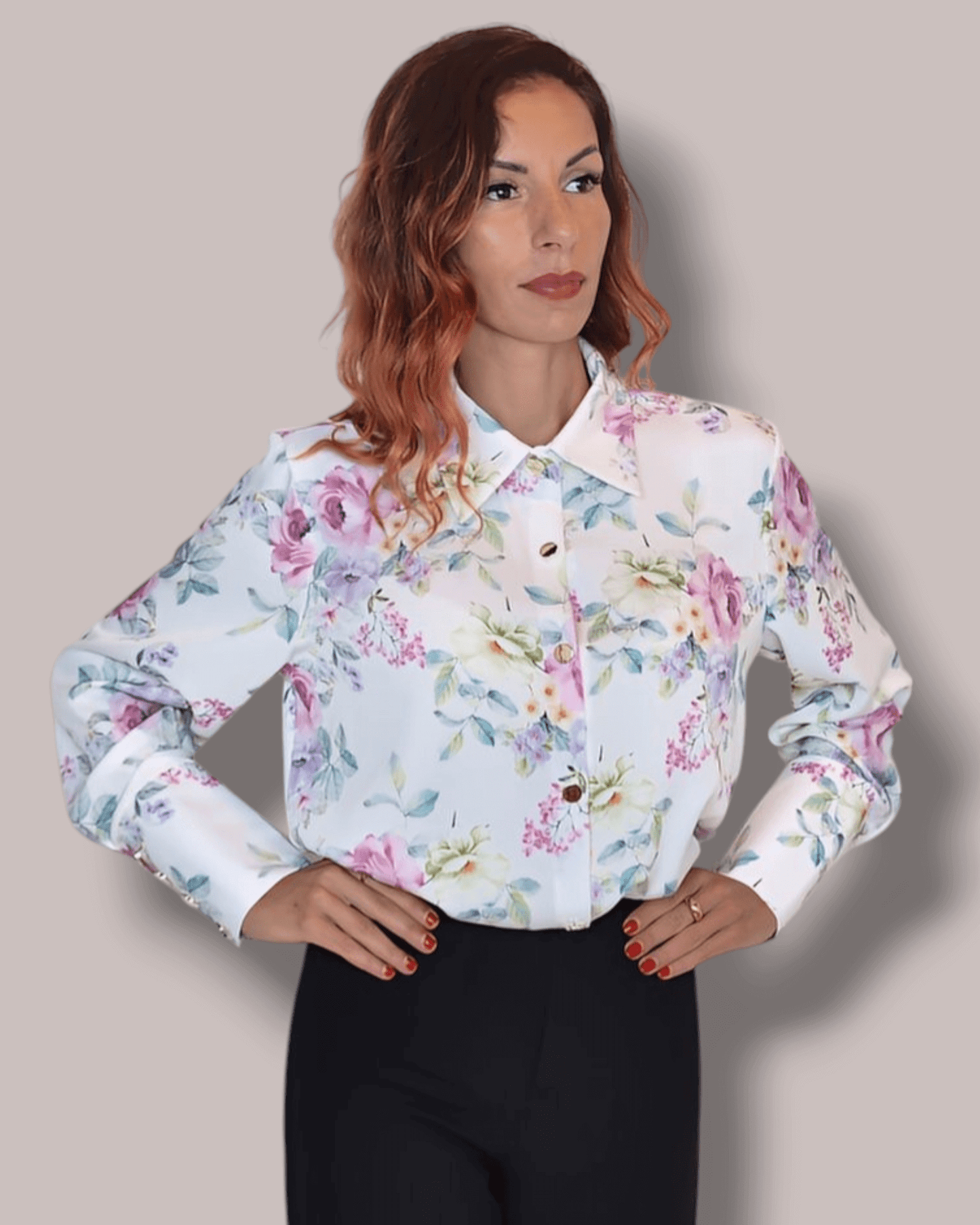 White Blouse with Pink and Green Floral Print blouse Suranska Shop