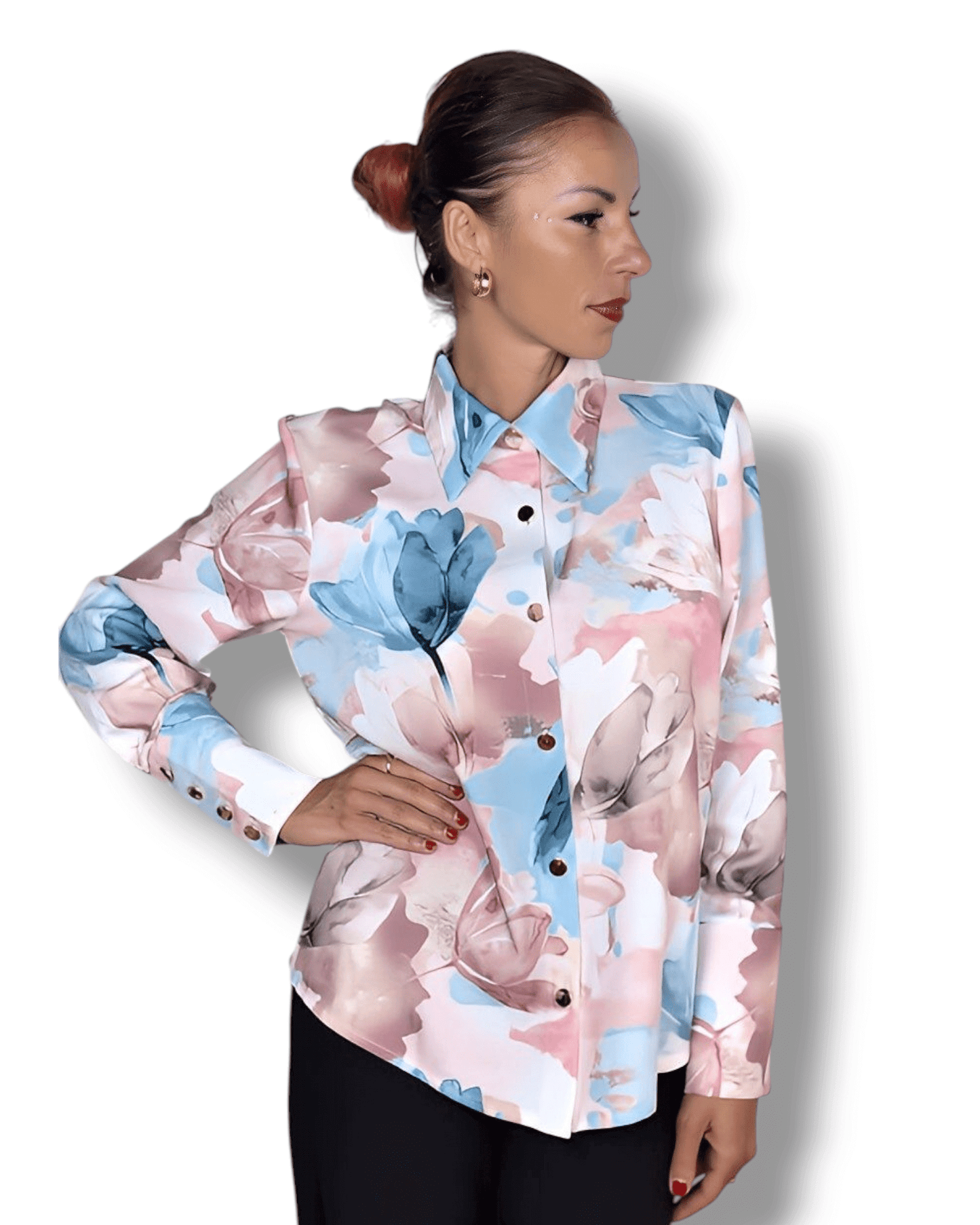 Watercolor Floral Blouse in Beige, Blue & Pink blouse Suranska Shop