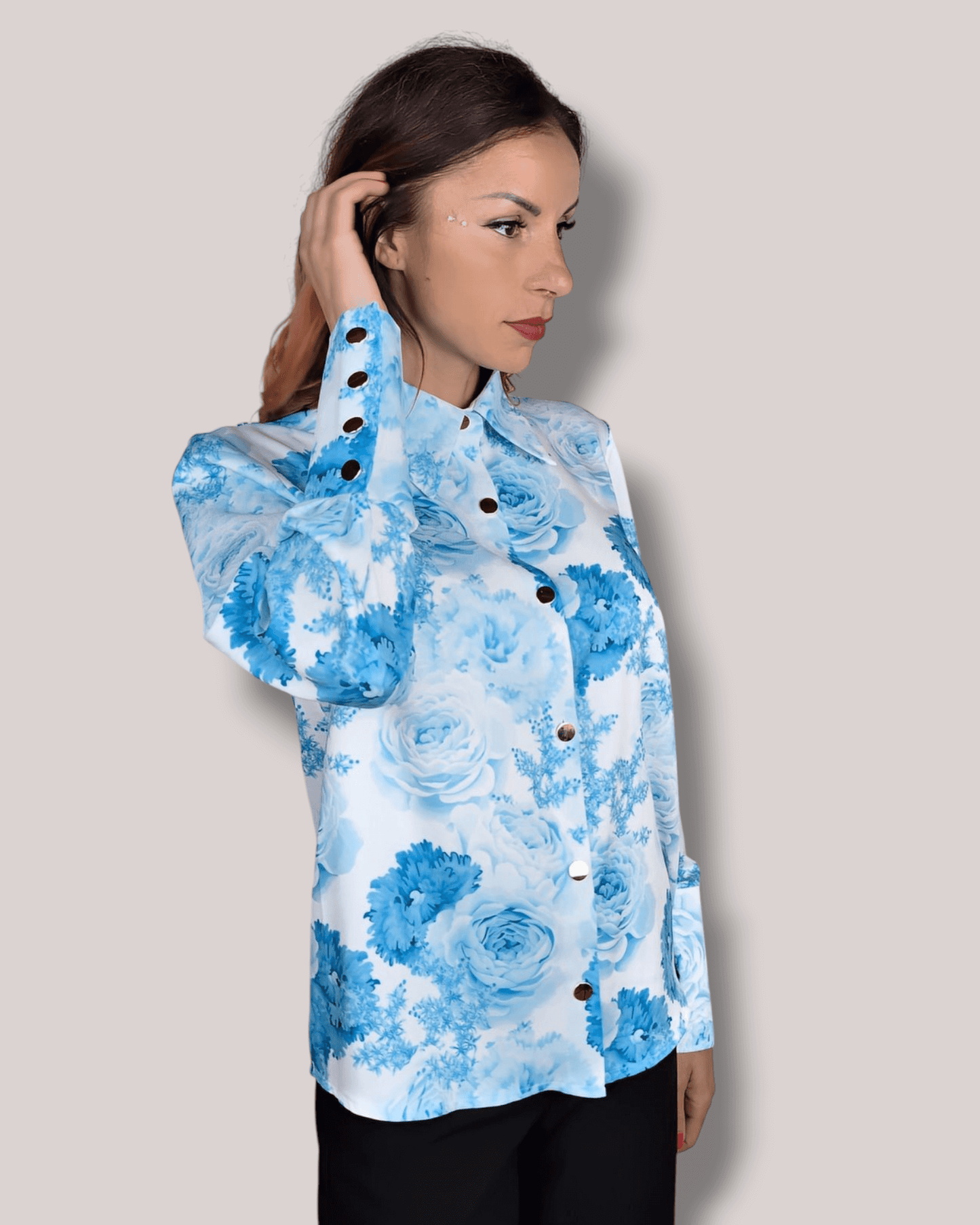 White Blouse with Light Blue Floral Print blouse Suranska Shop