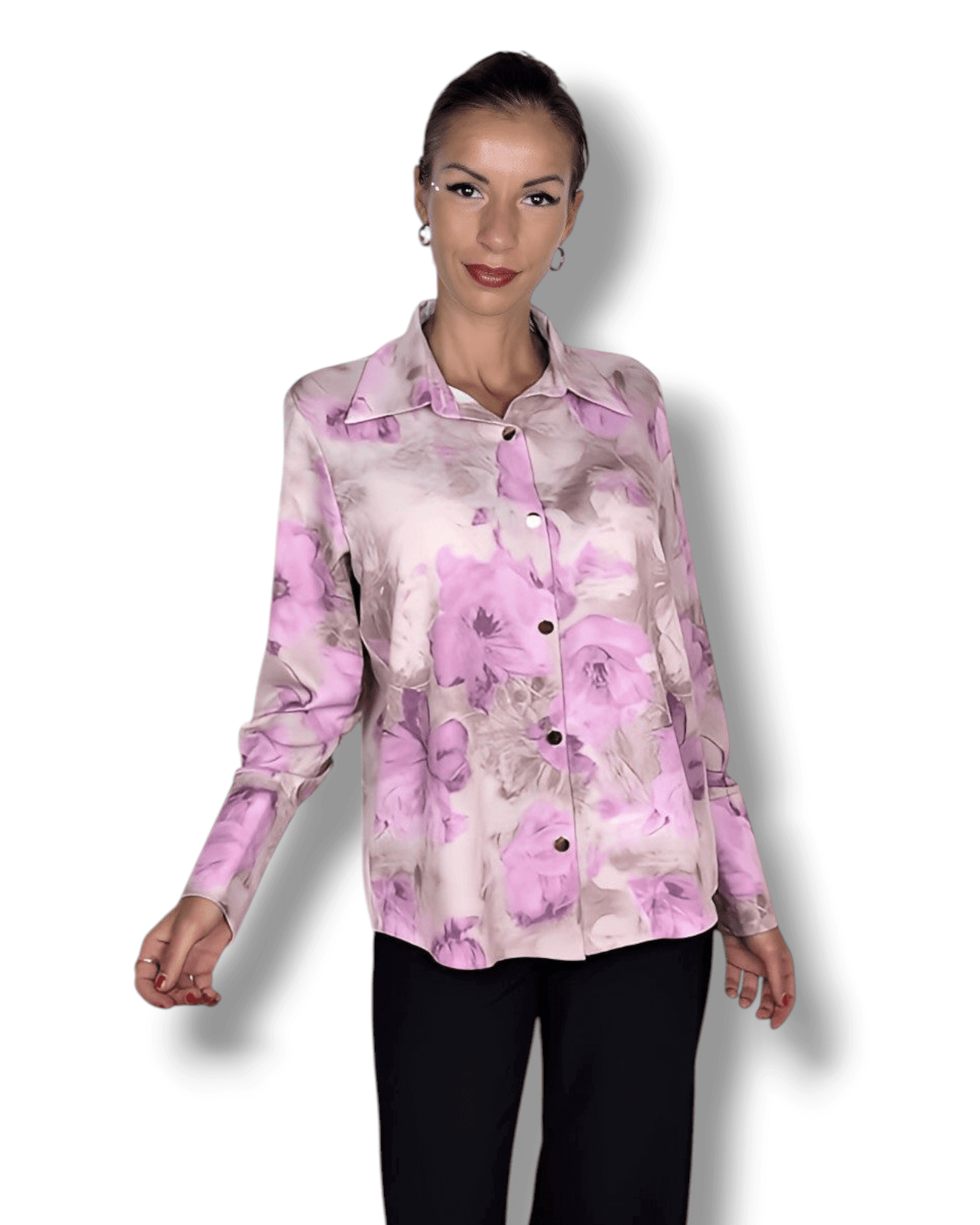 Beige Blouse with Light Purple Floral Print blouse Suranska Shop