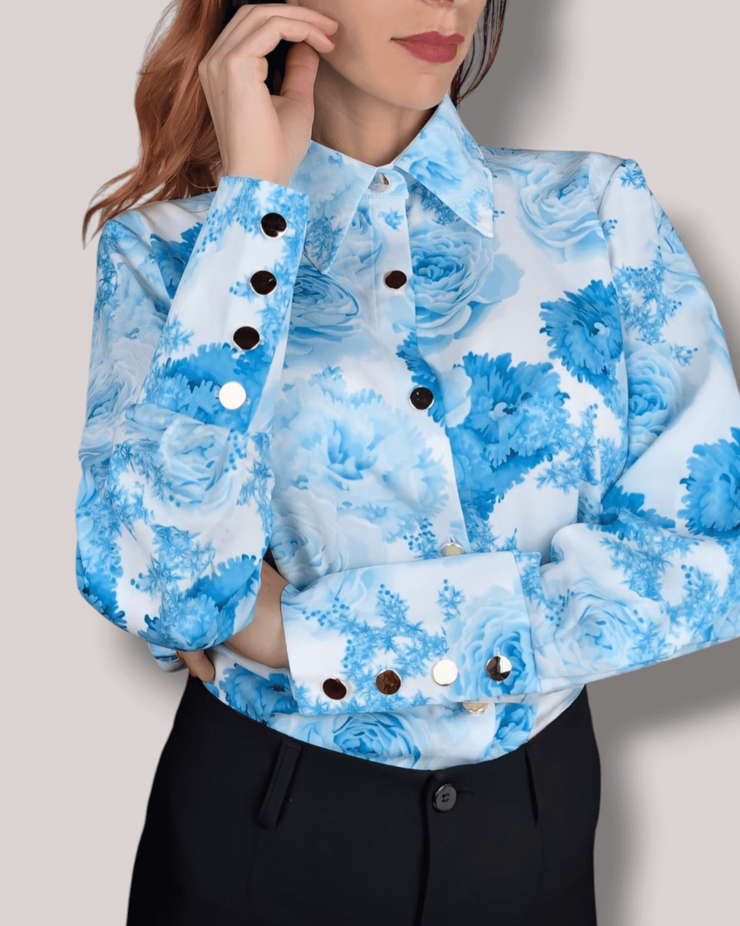 White Blouse with Light Blue Floral Print blouse Suranska Shop