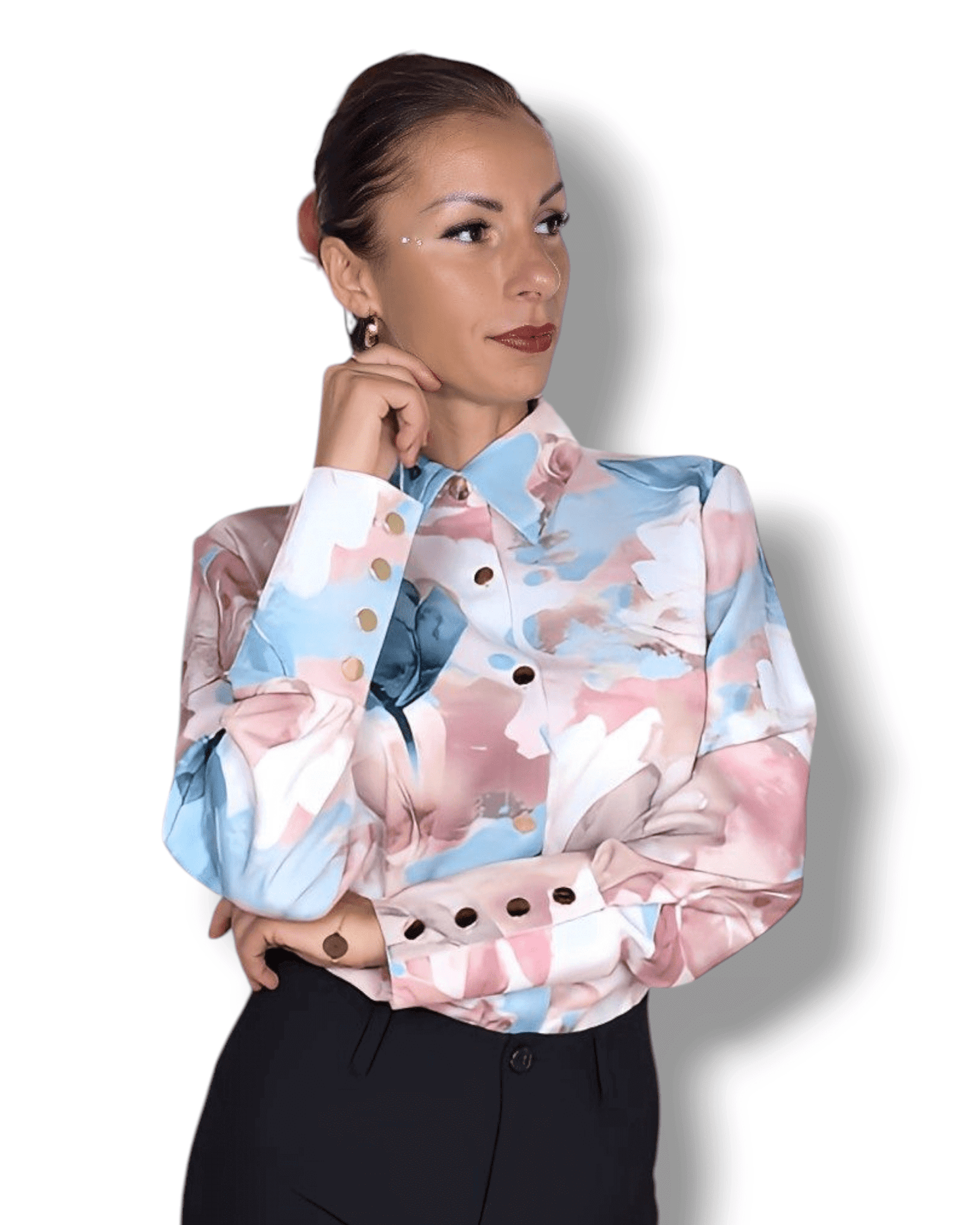 Watercolor Floral Blouse in Beige, Blue & Pink blouse Suranska Shop