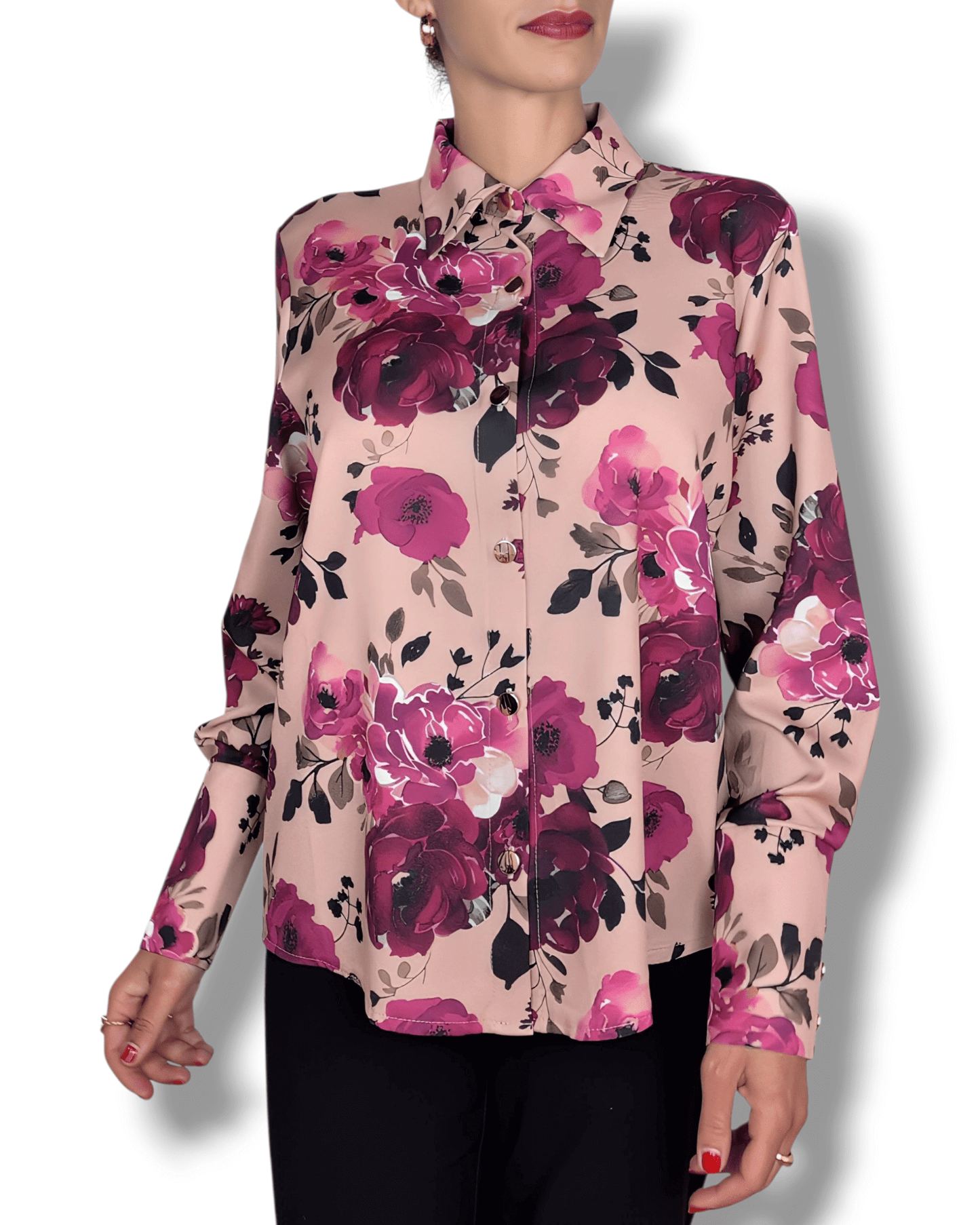 Chemise rose saumon à imprimé fleuri avec boutons dorés – Genève, Suisse – Suranska Shop