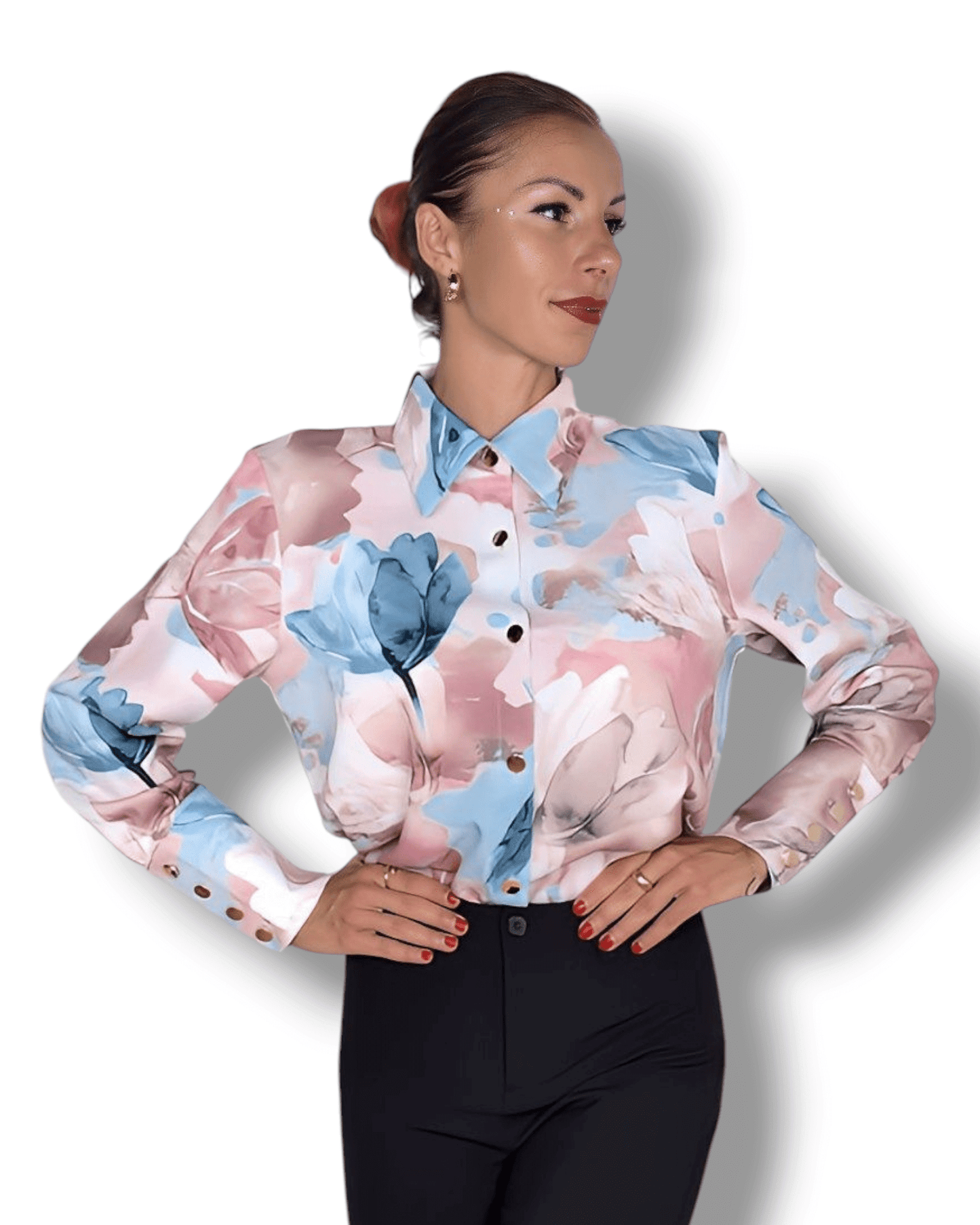 Watercolor Floral Blouse in Beige, Blue & Pink blouse Suranska Shop