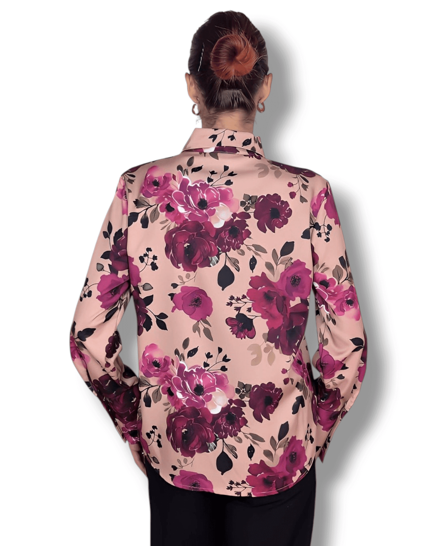 Chemise rose saumon à imprimé fleuri avec boutons dorés – Genève, Suisse – Suranska Shop