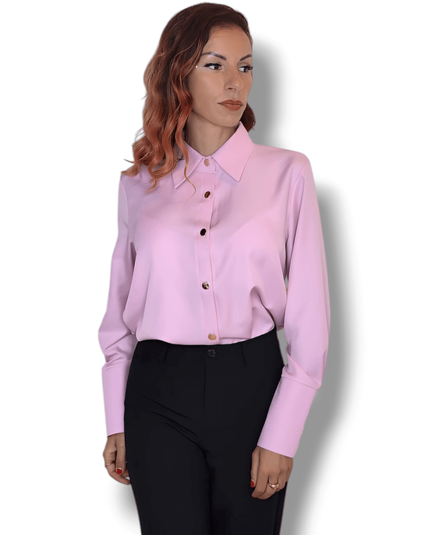 Soft Pink Blouse Suranska Shop geneva suisse Chemise rose pâle avec boutons dorés et col classique