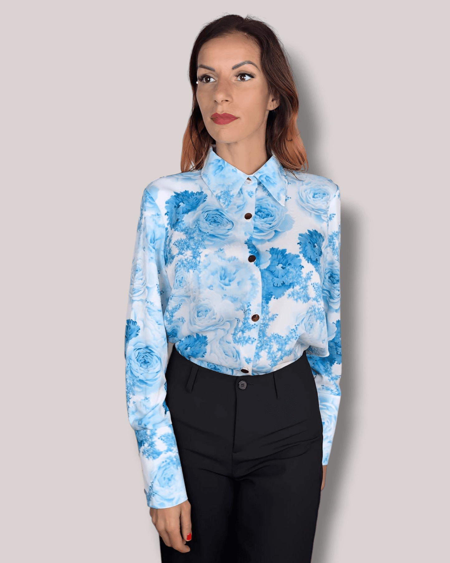 White Blouse with Light Blue Floral Print blouse Suranska Shop