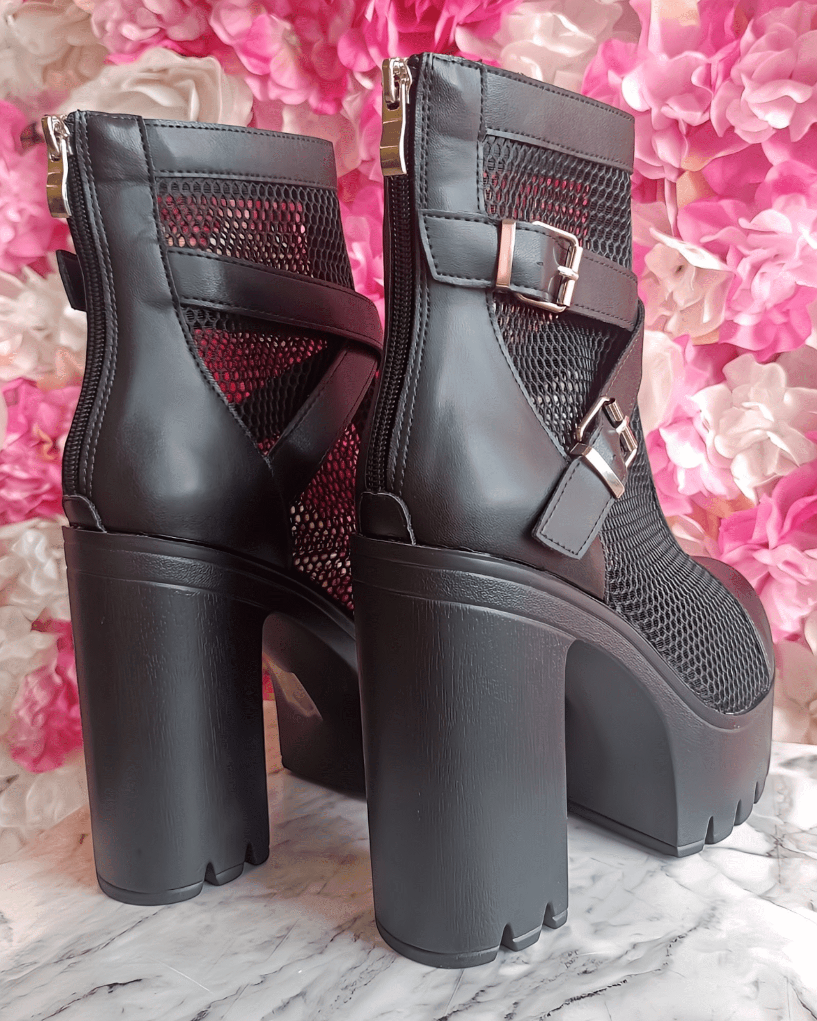 Black Platform Boots with Mesh Design and Buckles Xenia boots Suranska Shop 