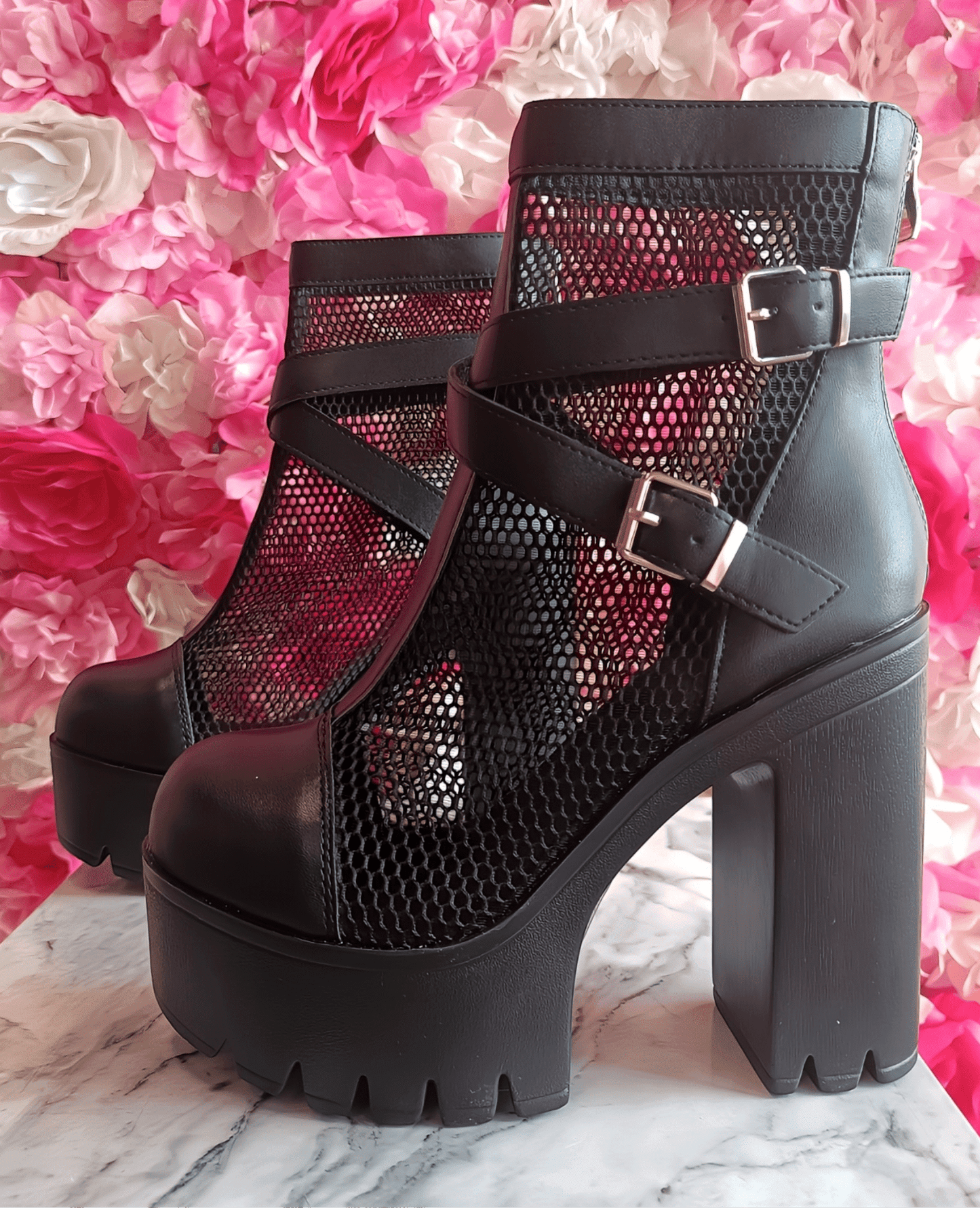 Black Platform Boots with Mesh Design and Buckles Xenia boots Suranska Shop 