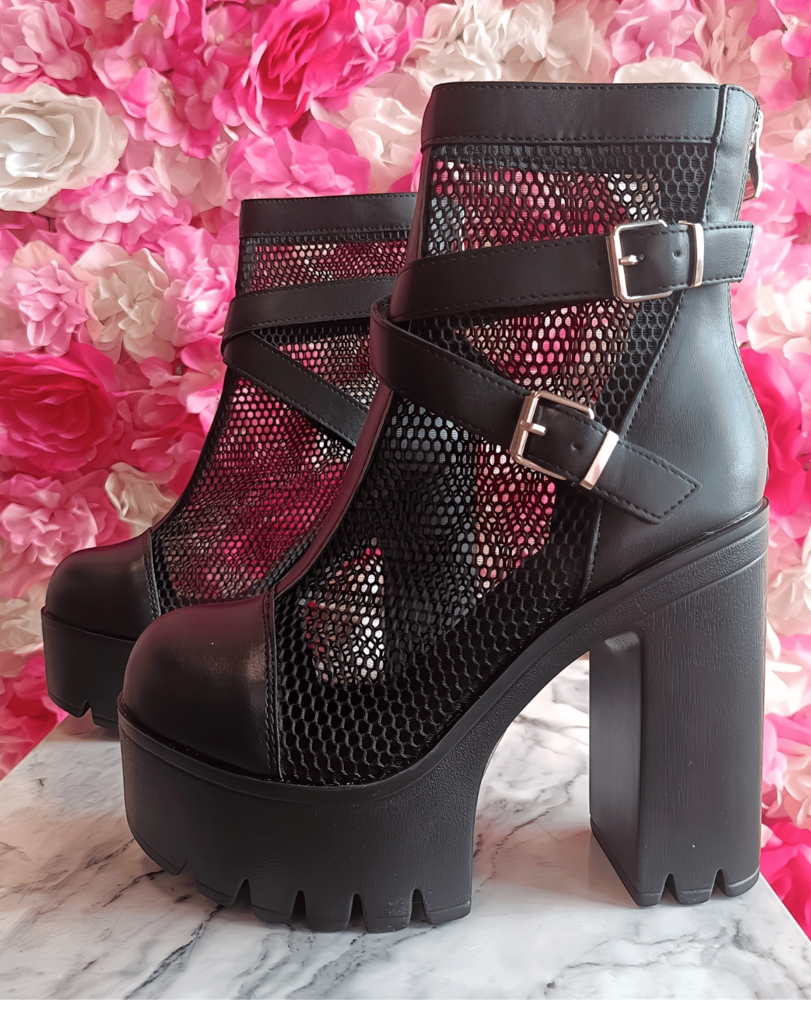 Black Platform Boots with Mesh Design and Buckles Xenia boots Suranska Shop 