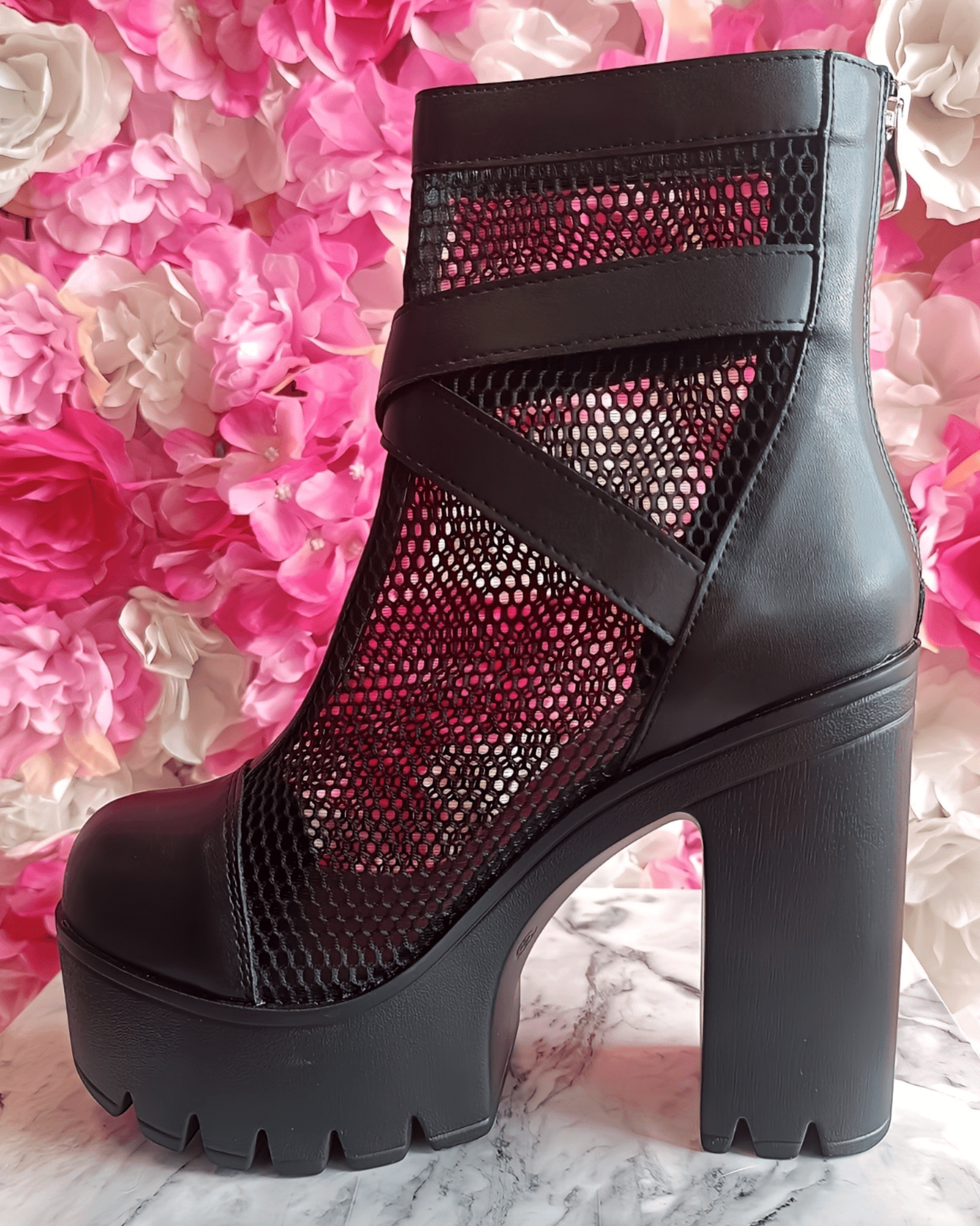 Black Platform Boots with Mesh Design and Buckles Xenia boots Suranska Shop 