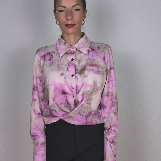 Beige blouse with light purple flowers and gold buttons – Geneva, Switzerland – Suranska Shop