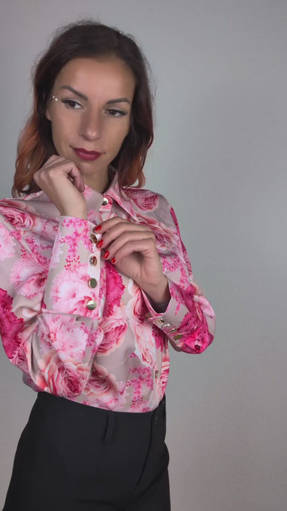 : Chemise beige à imprimé floral rose et fuchsia avec boutons dorés – Genève, Suisse – Suranska Shop