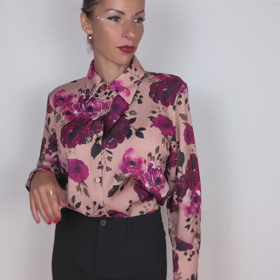 Chemise rose saumon à imprimé fleuri avec boutons dorés – Genève, Suisse – Suranska Shop