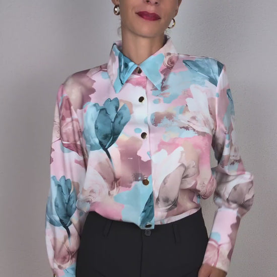 Chemise beige à imprimé floral aquarelle rose et bleu – Genève, Suisse – Suranska Shop