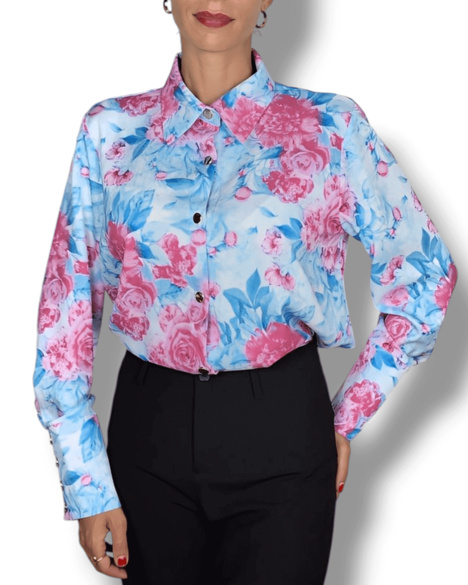 Light Blue Blouse with Pink Roses blouse Suranska Shop 