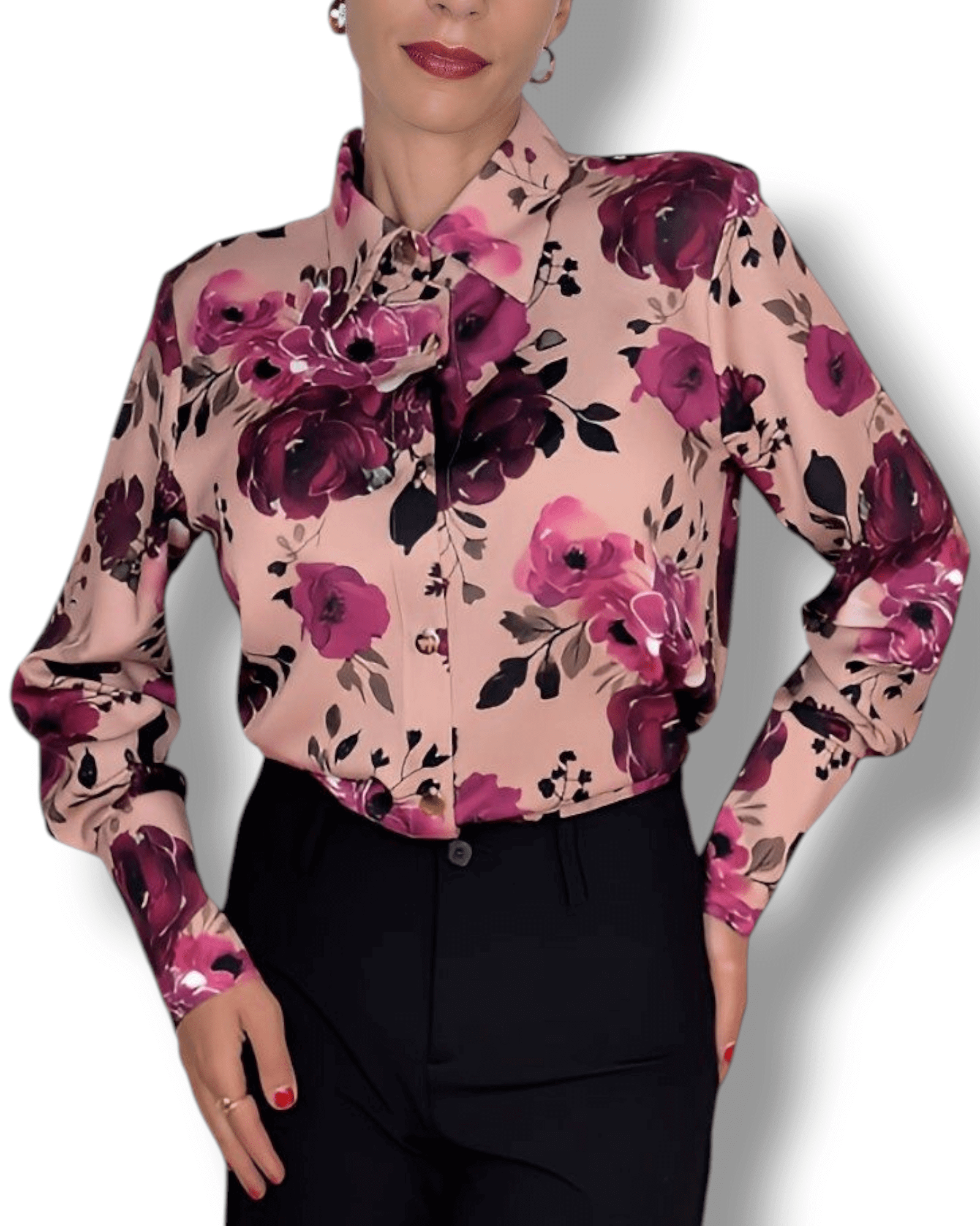 Rosa-lachsfarbene Bluse mit Blumenmuster und goldenen Knöpfen – Genf, Schweiz – Suranska Shop