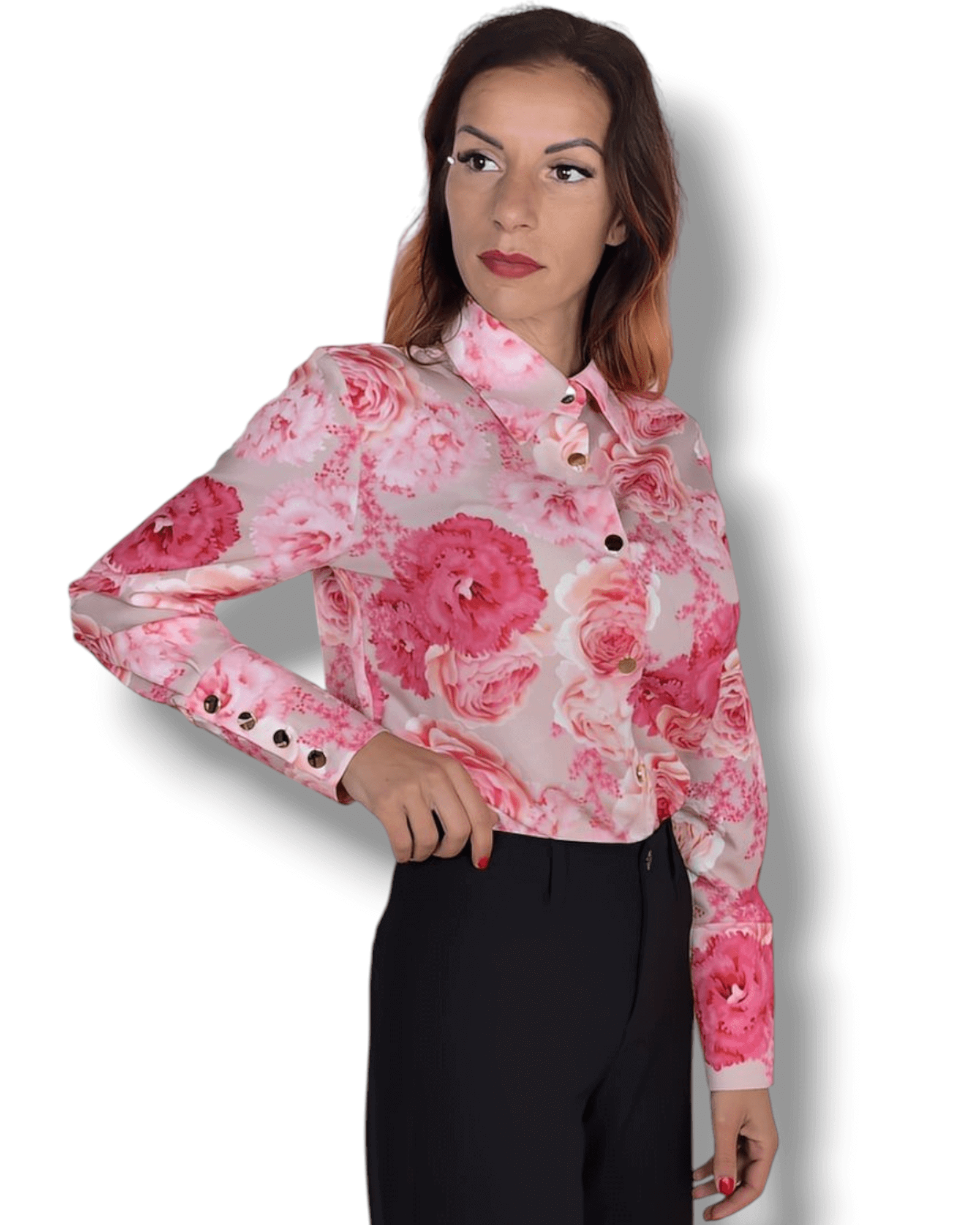 . Suranska Shop  Beigefarbene Bluse mit rosa und pinken Blumen und goldenen Knöpfen – Genf, Schweiz – Suranska Shop