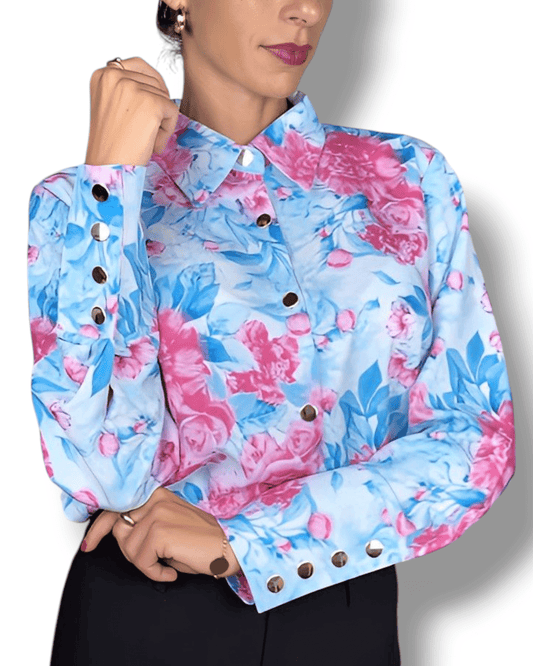 Light Blue Blouse with Pink Roses blouse Suranska Shop 