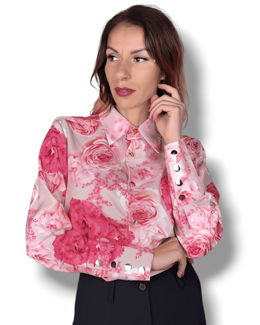 . Suranska Shop Beige blouse with pink and fuchsia floral print and gold buttons – in stock in Geneva and ready to ship.