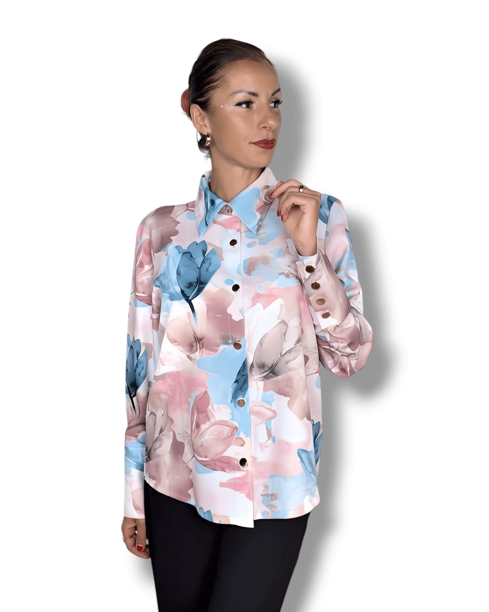 Watercolor Floral Blouse in Beige, Blue & Pink blouse Suranska Shop 