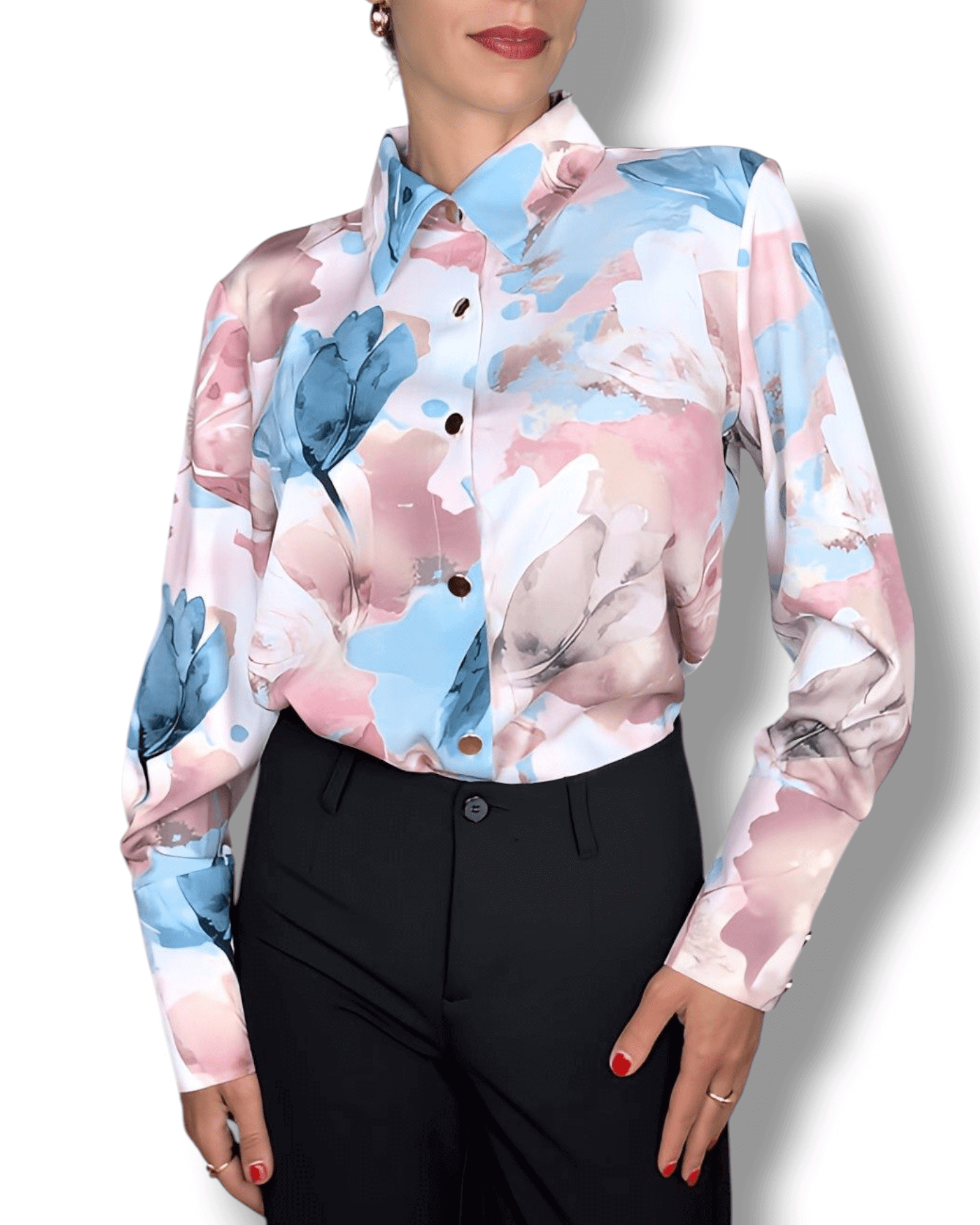 Watercolor Floral Blouse in Beige, Blue & Pink blouse Suranska Shop 