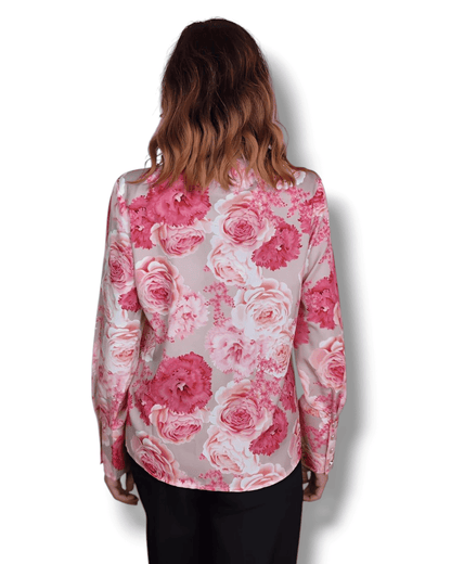 . Suranska Shop . : Chemise beige à imprimé floral rose et fuchsia avec boutons dorés – Genève, Suisse – Suranska Shop