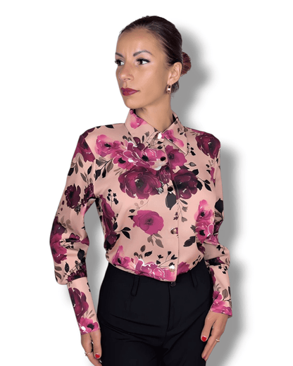 Pink-salmon floral blouse with gold buttons – Geneva, Switzerland – Suranska Shop