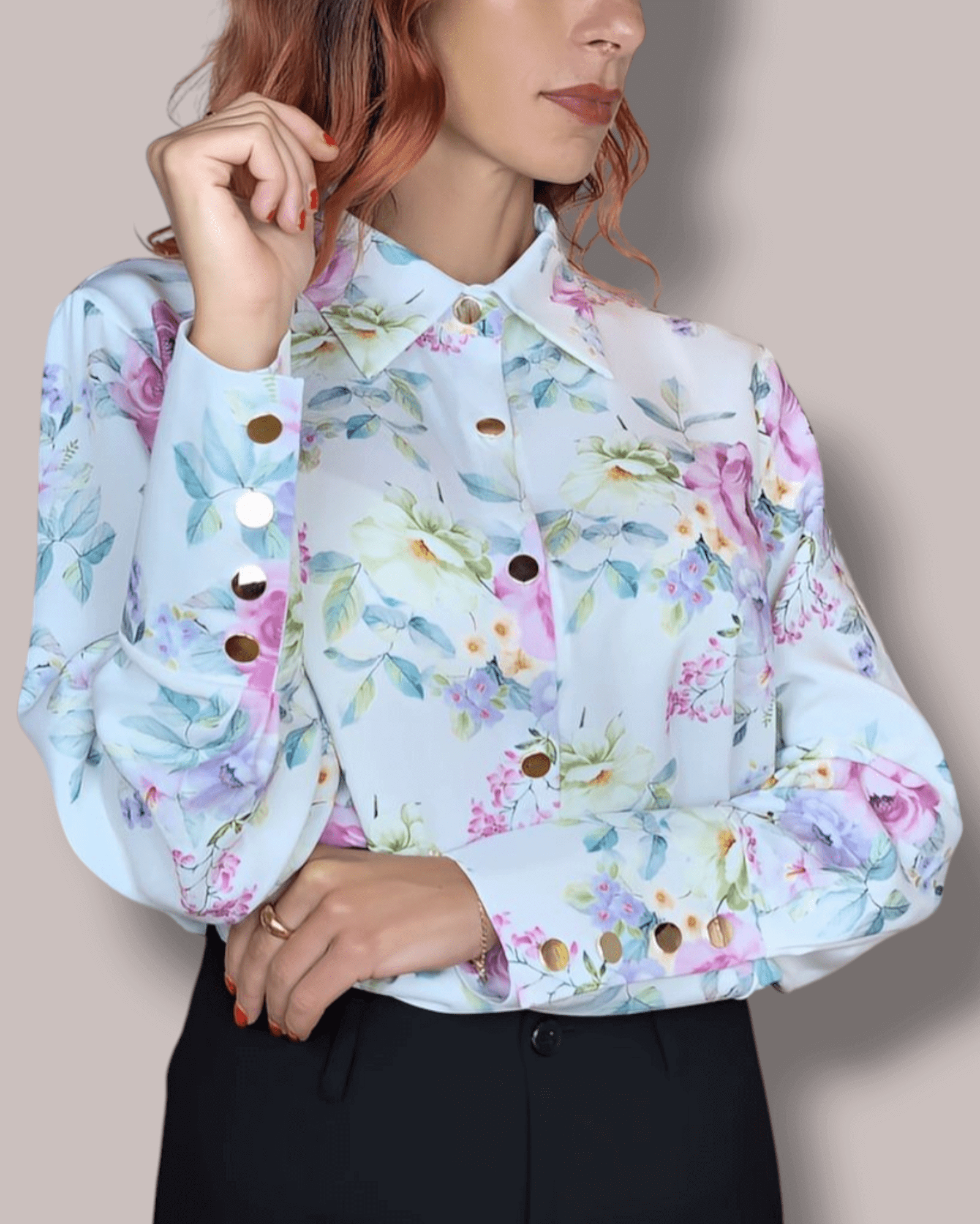 White Blouse with Pink and Green Floral Print blouse Suranska Shop 
