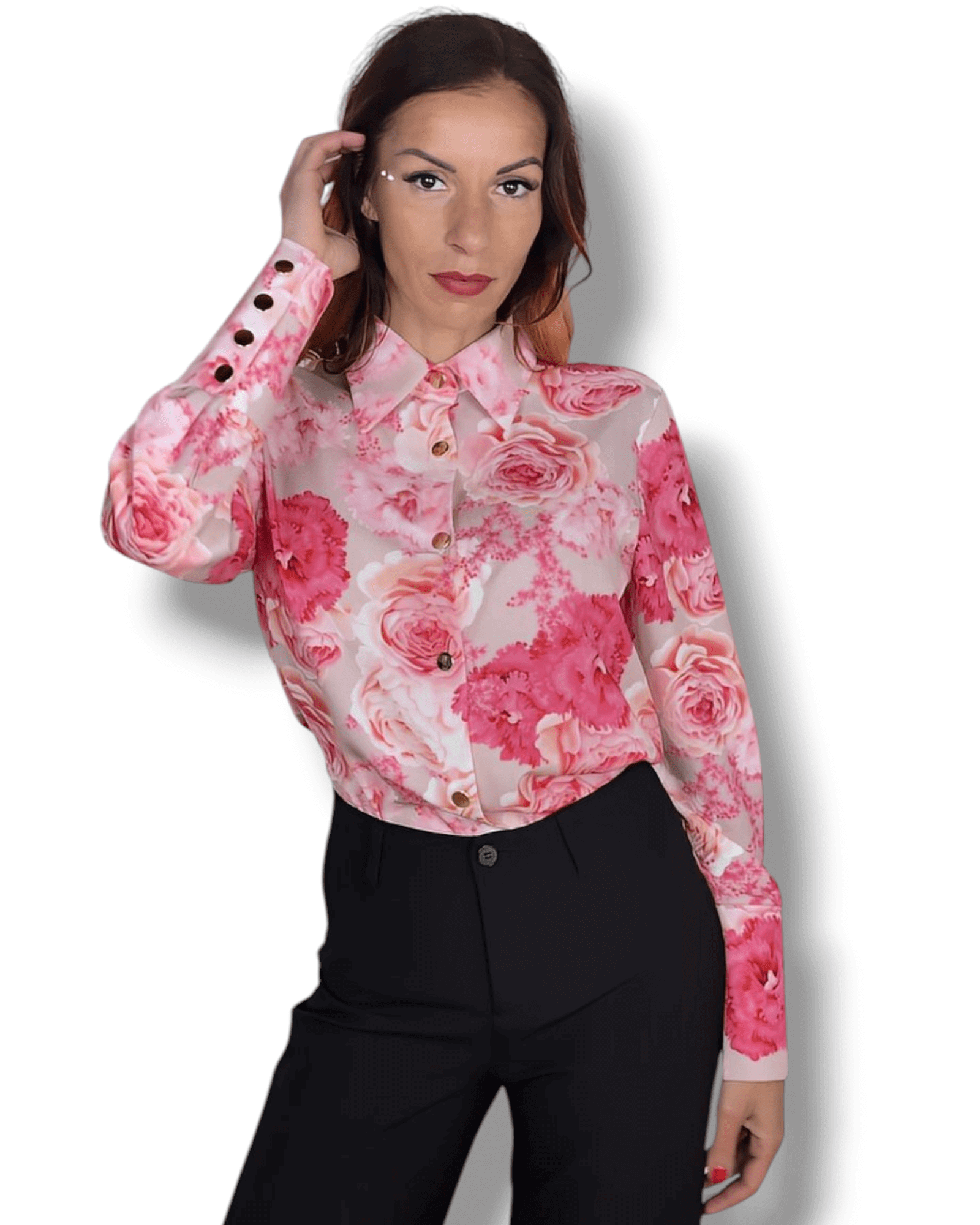 . Suranska Shop Beige blouse with pink and fuchsia floral print and gold buttons – in stock in Geneva and ready to ship.