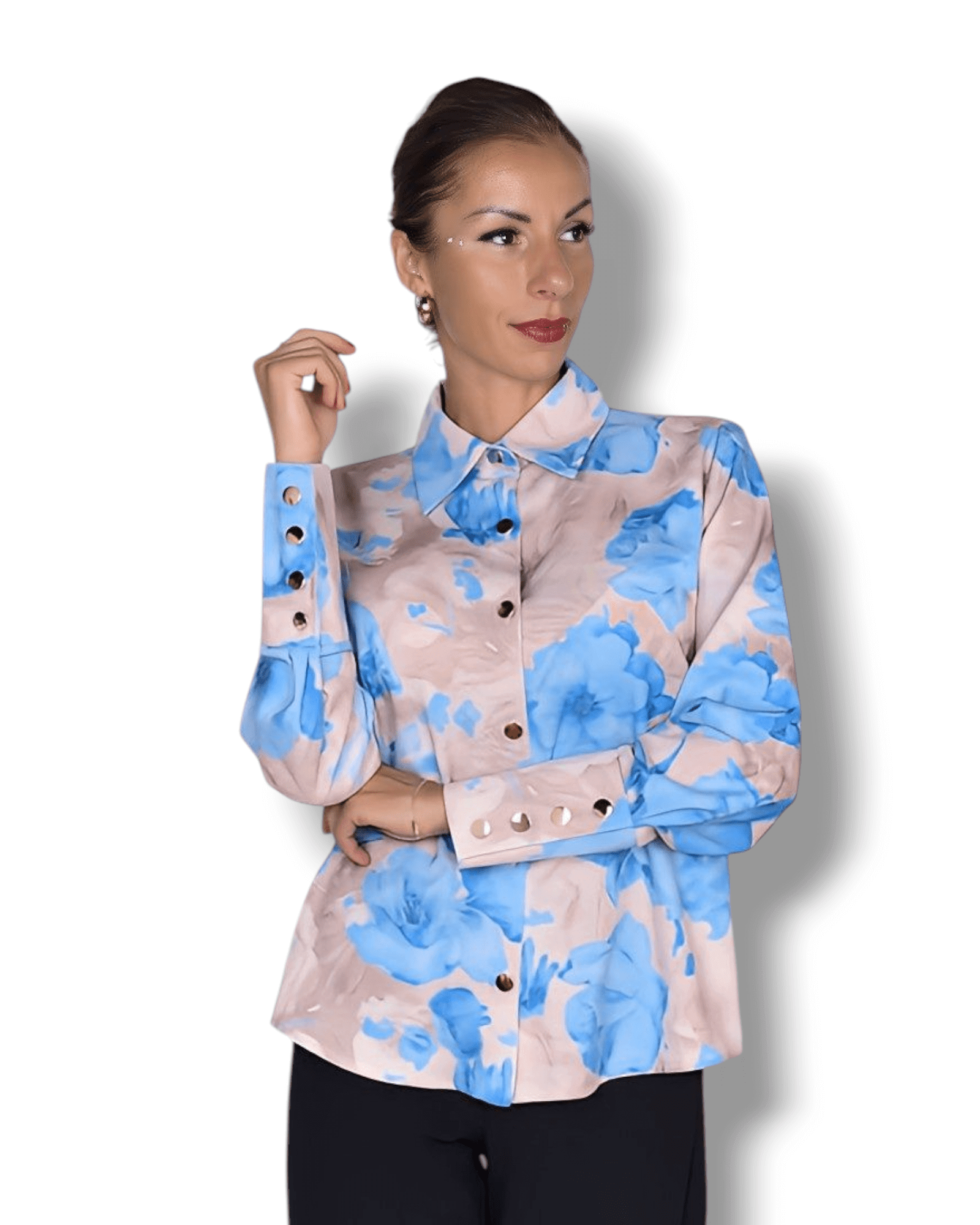 Beige Blouse with Light Blue Floral Print blouse Suranska Shop 
