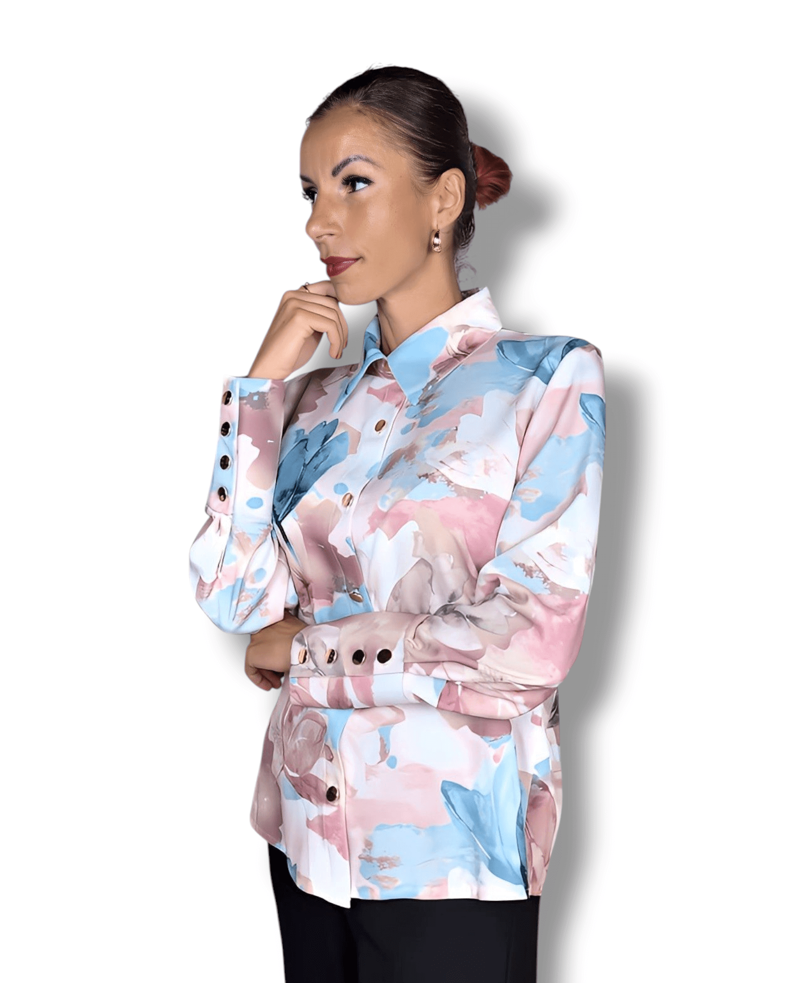 Watercolor Floral Blouse in Beige, Blue & Pink blouse Suranska Shop 