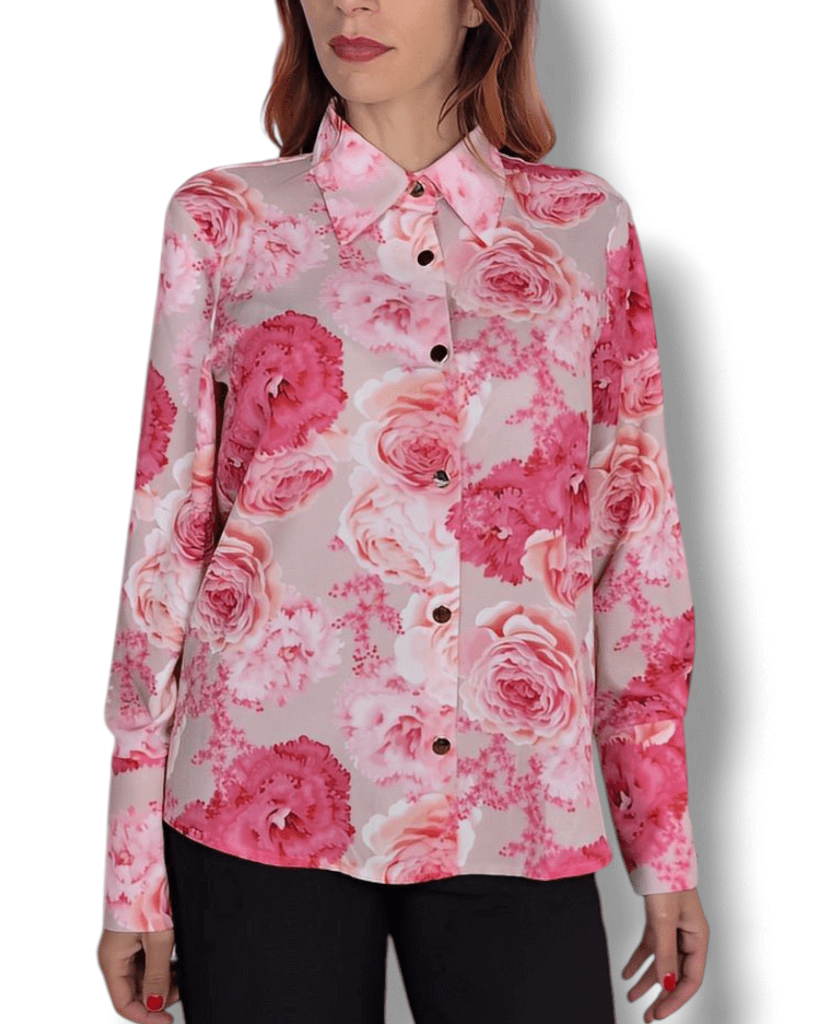. Suranska Shop . : Chemise beige à imprimé floral rose et fuchsia avec boutons dorés – Genève, Suisse – Suranska Shop