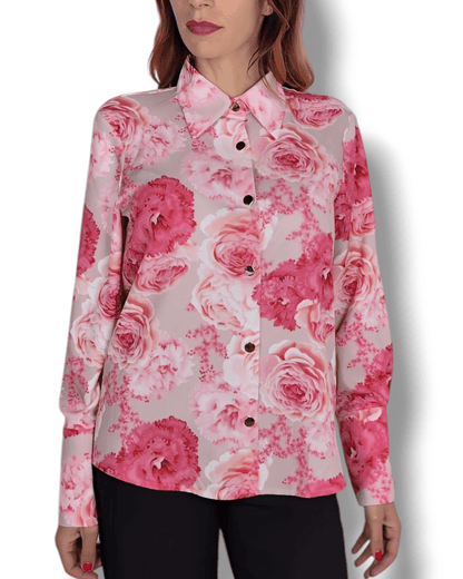 . Suranska Shop . : Chemise beige à imprimé floral rose et fuchsia avec boutons dorés – Genève, Suisse – Suranska Shop