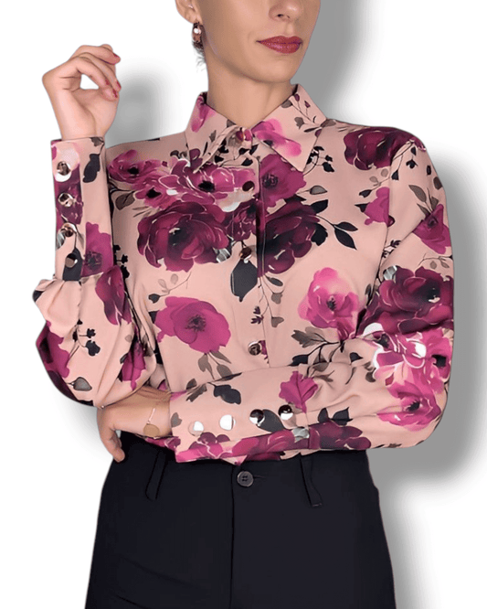 Pink-salmon floral blouse with gold buttons – Geneva, Switzerland – Suranska Shop