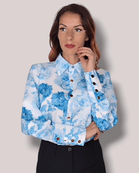 White Blouse with Light Blue Floral Print blouse Suranska Shop 