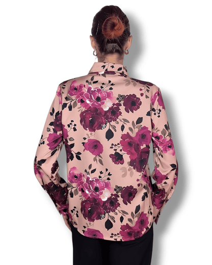 Chemise rose saumon à imprimé fleuri avec boutons dorés – Genève, Suisse – Suranska Shop