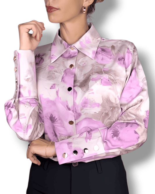 Beige Blouse with Light Purple Floral Print blouse Suranska Shop 